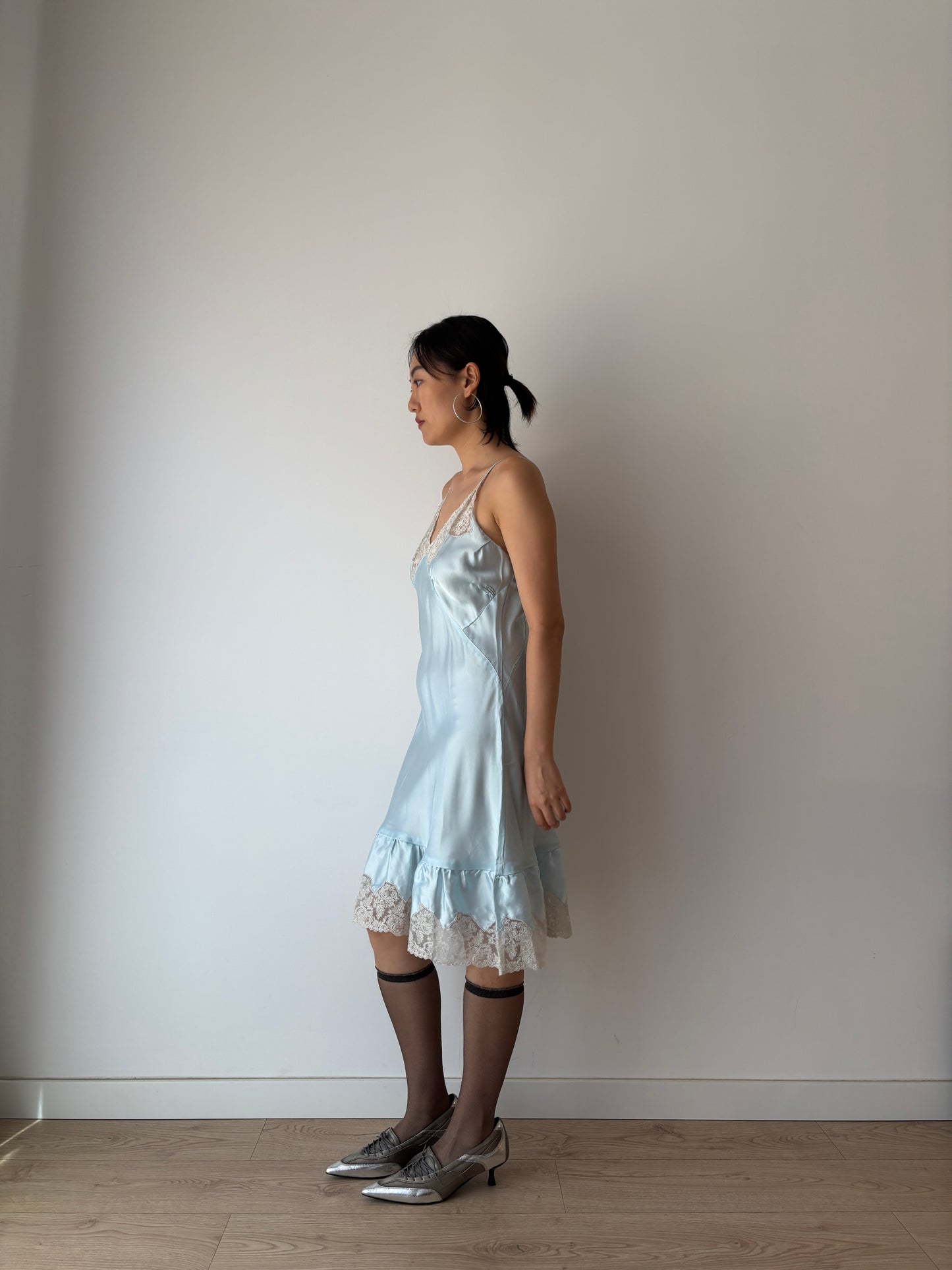 Vintage Antique Pastel Blue French Lace Liquid Silk Satin Slip Dress