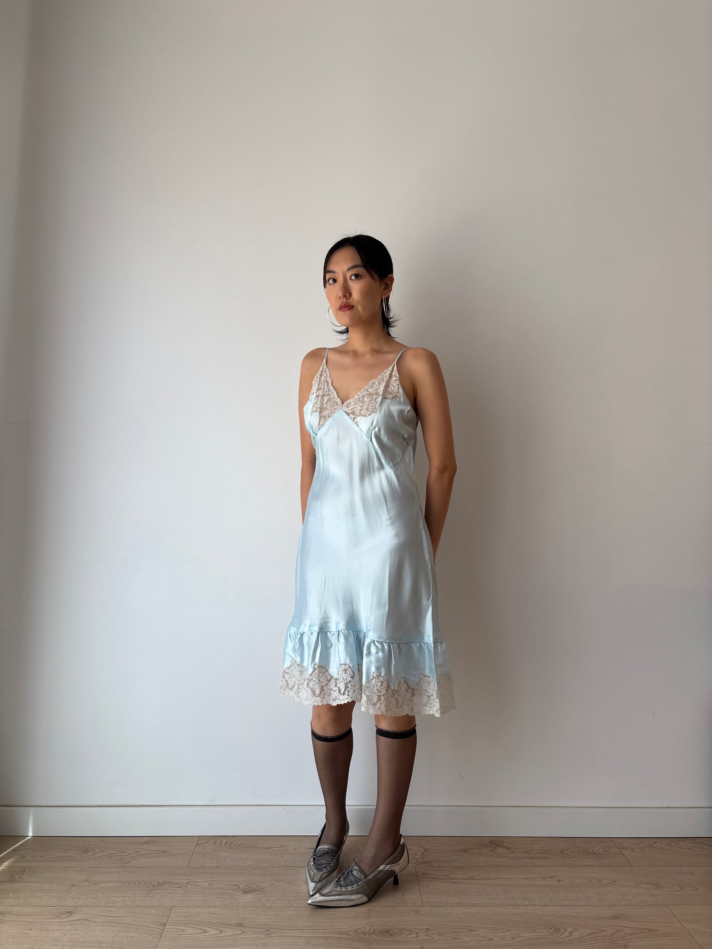 Vintage Antique Pastel Blue French Lace Liquid Silk Satin Slip Dress