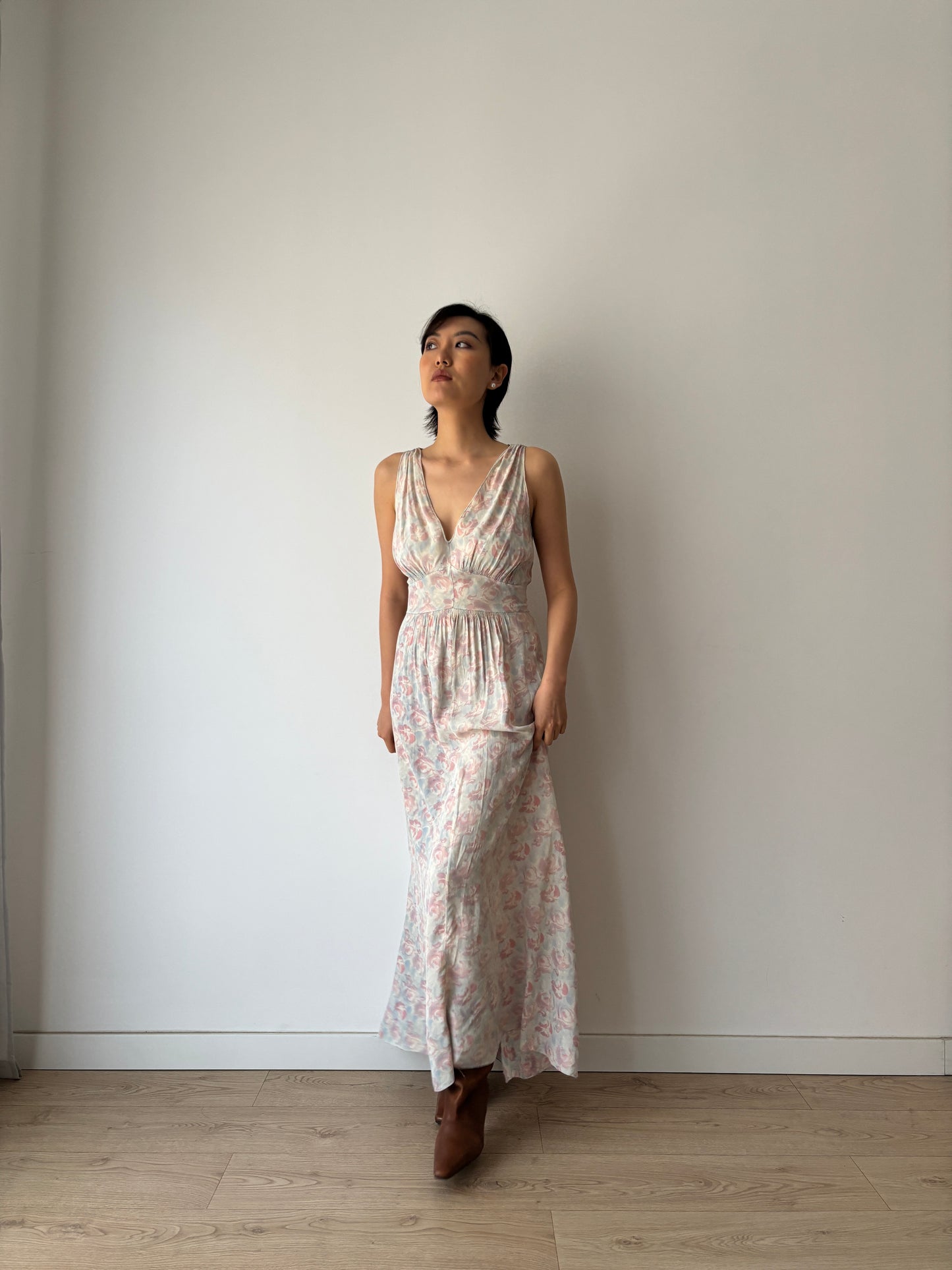 1930s Satin Floral Maxi Slip Dress, Pink Blue Print, Romantic Summer Gown