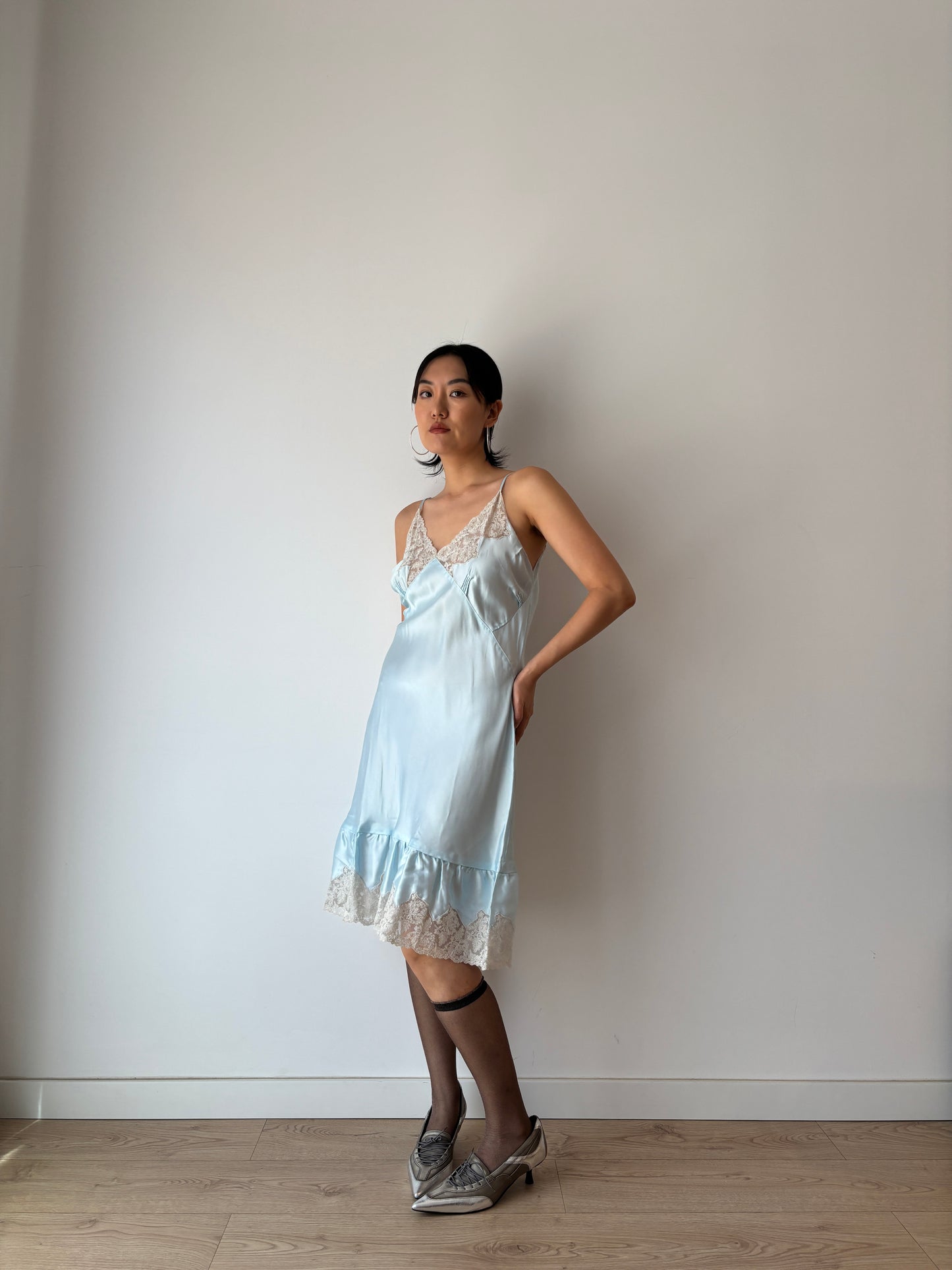 Vintage Antique Pastel Blue French Lace Liquid Silk Satin Slip Dress