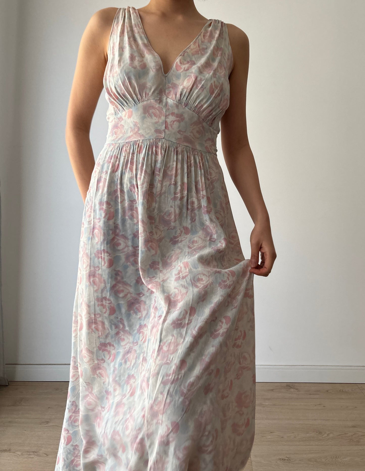 1930s Satin Floral Maxi Slip Dress, Pink Blue Print, Romantic Summer Gown