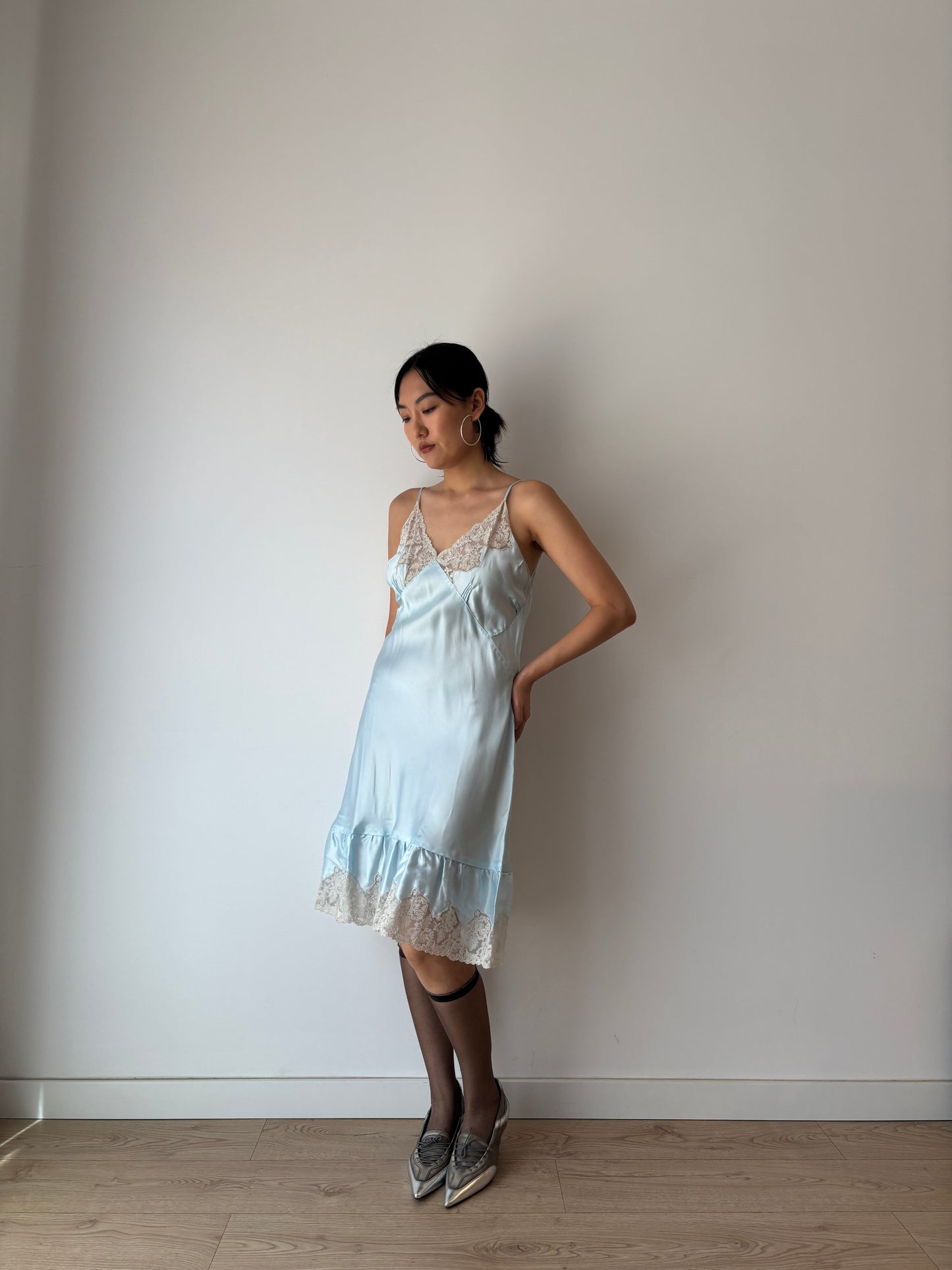 Vintage Antique Pastel Blue French Lace Liquid Silk Satin Slip Dress