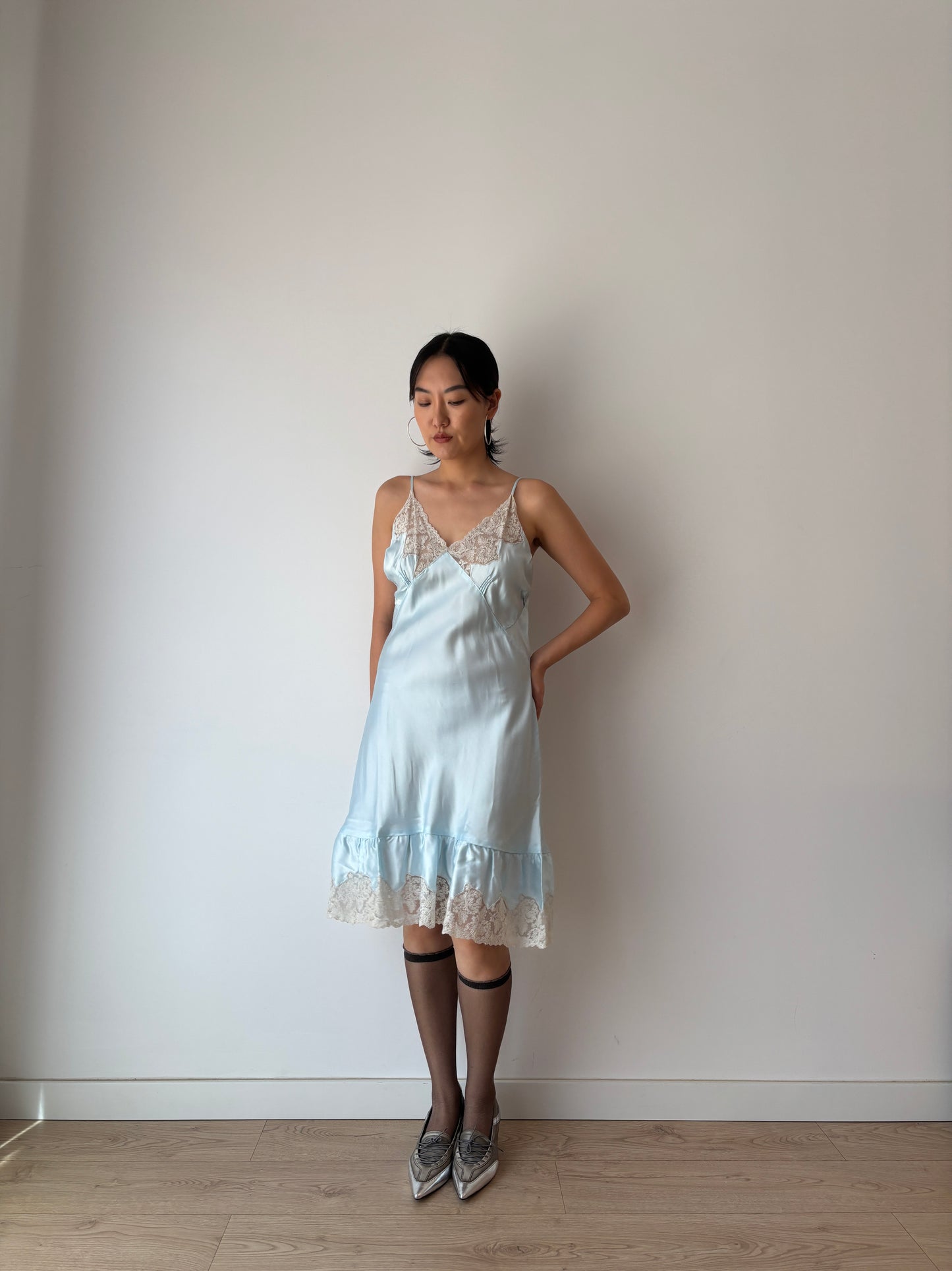 Vintage Antique Pastel Blue French Lace Liquid Silk Satin Slip Dress