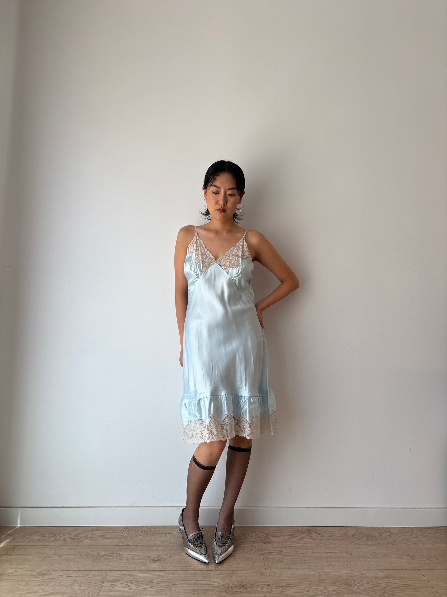 Vintage Antique Pastel Blue French Lace Liquid Silk Satin Slip Dress