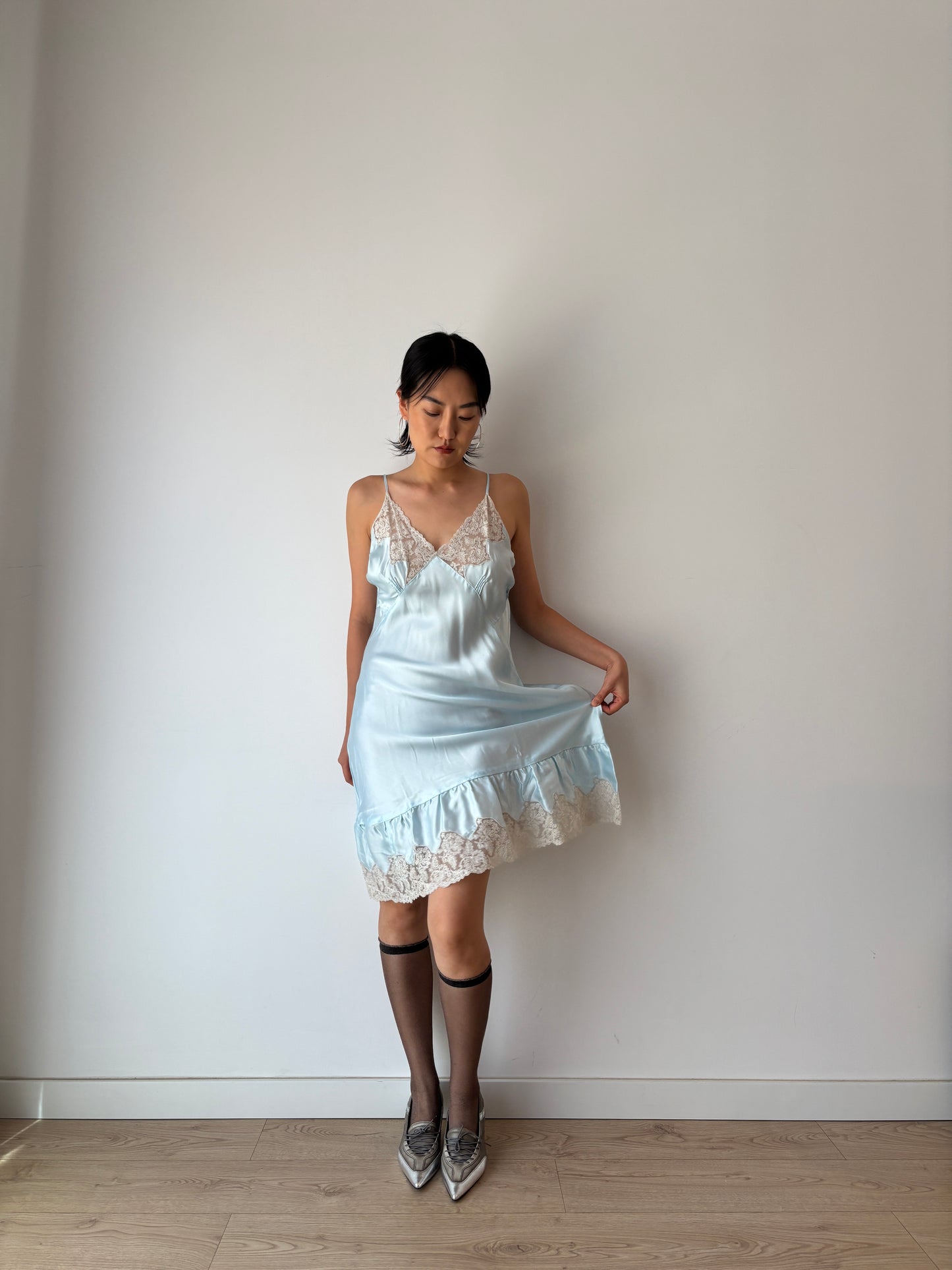 Vintage Antique Pastel Blue French Lace Liquid Silk Satin Slip Dress