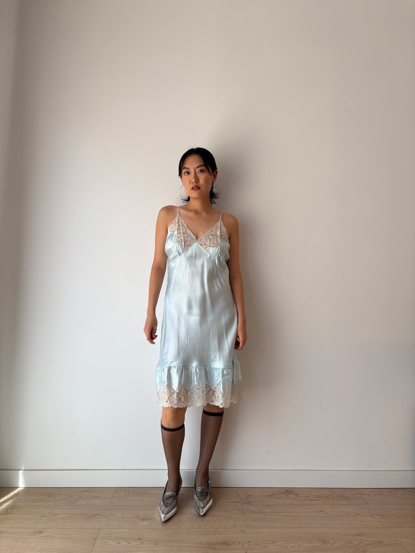 Vintage Antique Pastel Blue French Lace Liquid Silk Satin Slip Dress