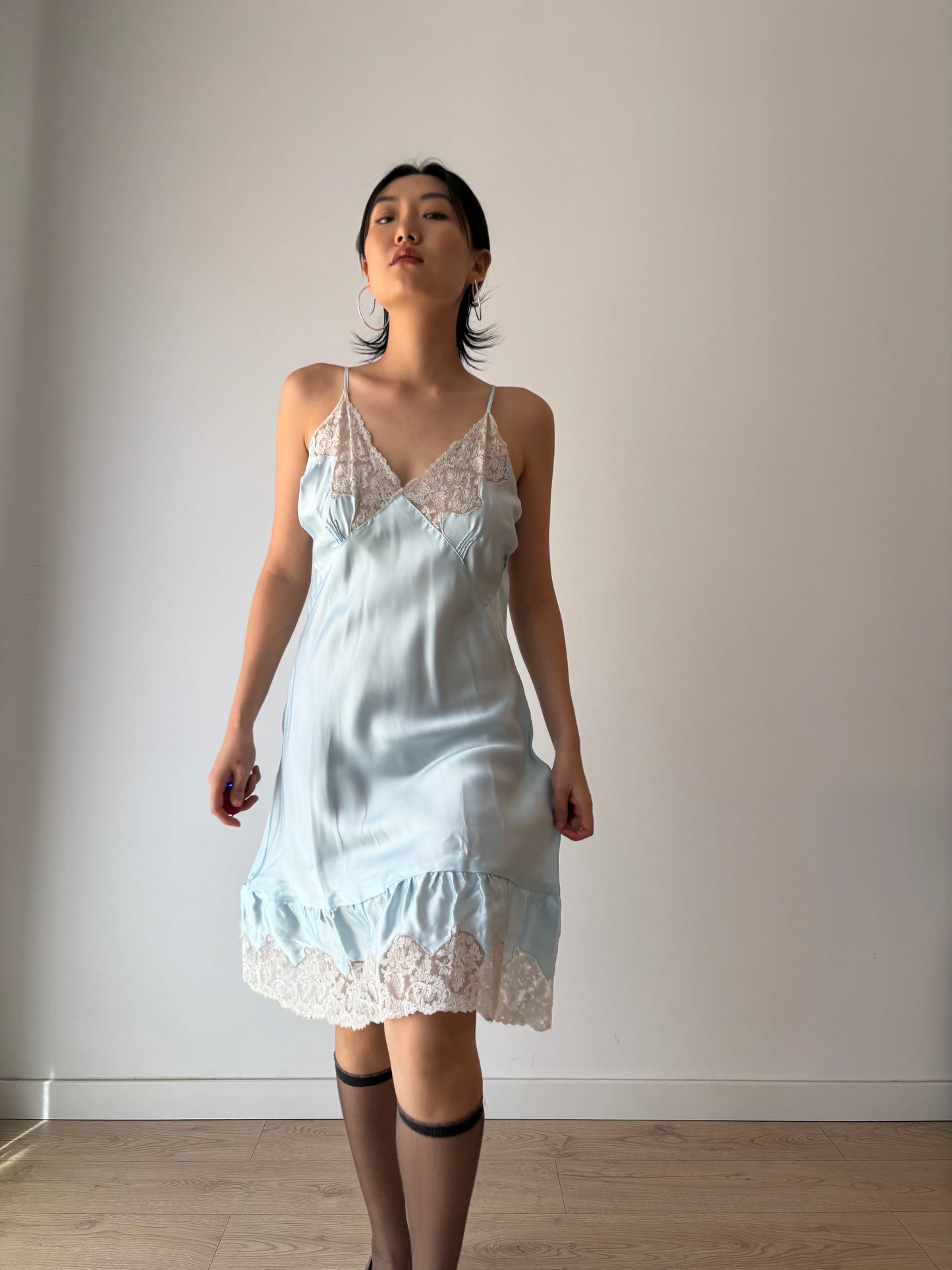 Vintage Antique Pastel Blue French Lace Liquid Silk Satin Slip Dress