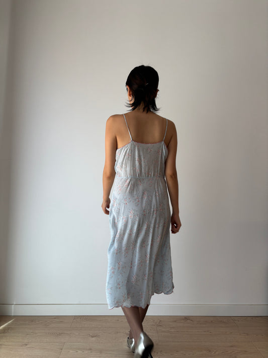 1930s 1940s Antique Blue Floral Lace Pure Silk Slip dress