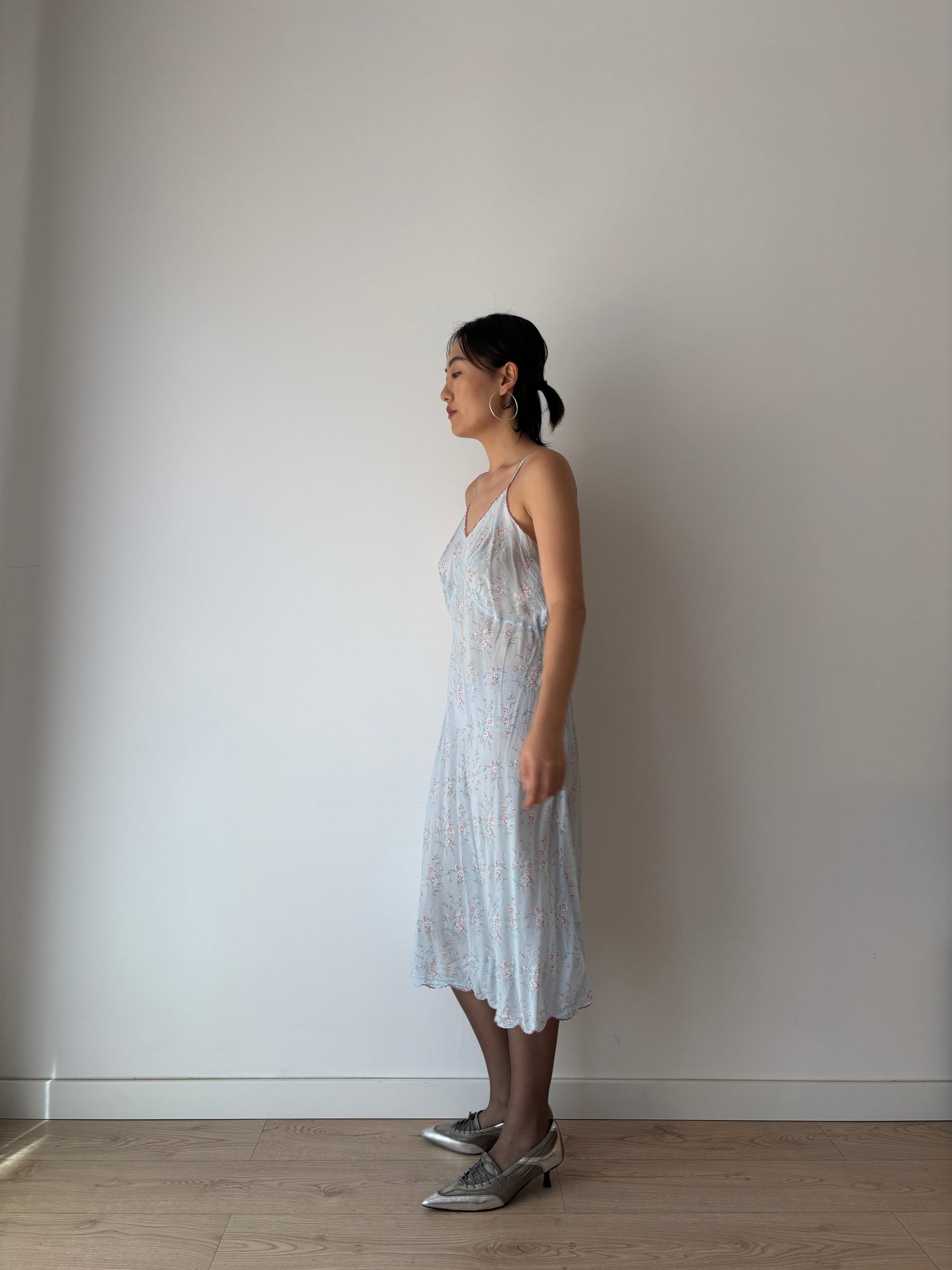 1930s 1940s Antique Blue Floral Lace Pure Silk Slip dress