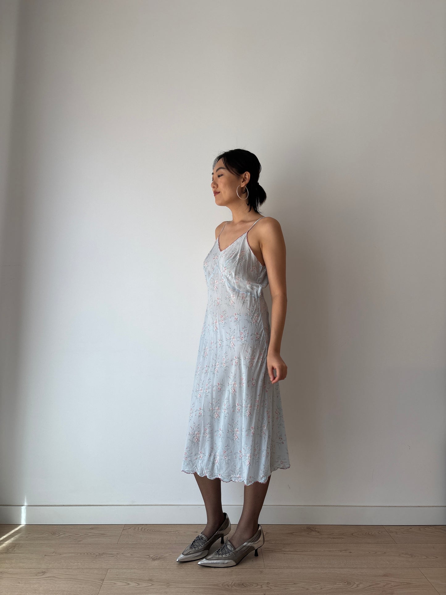 1930s 1940s Antique Blue Floral Lace Pure Silk Slip dress