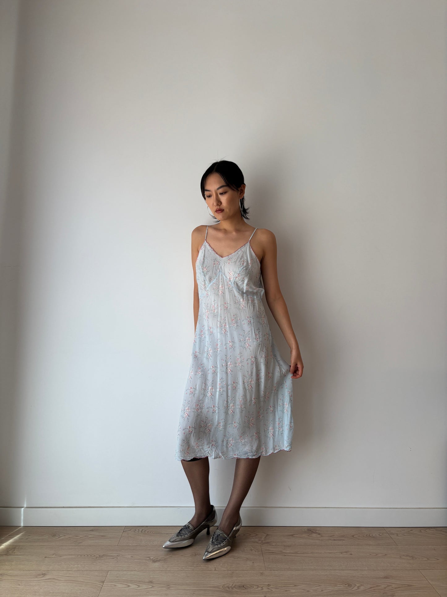 1930s 1940s Antique Blue Floral Lace Pure Silk Slip dress