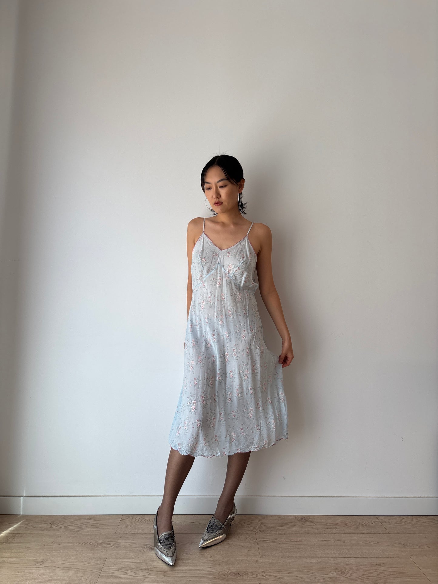 1930s 1940s Antique Blue Floral Lace Pure Silk Slip dress