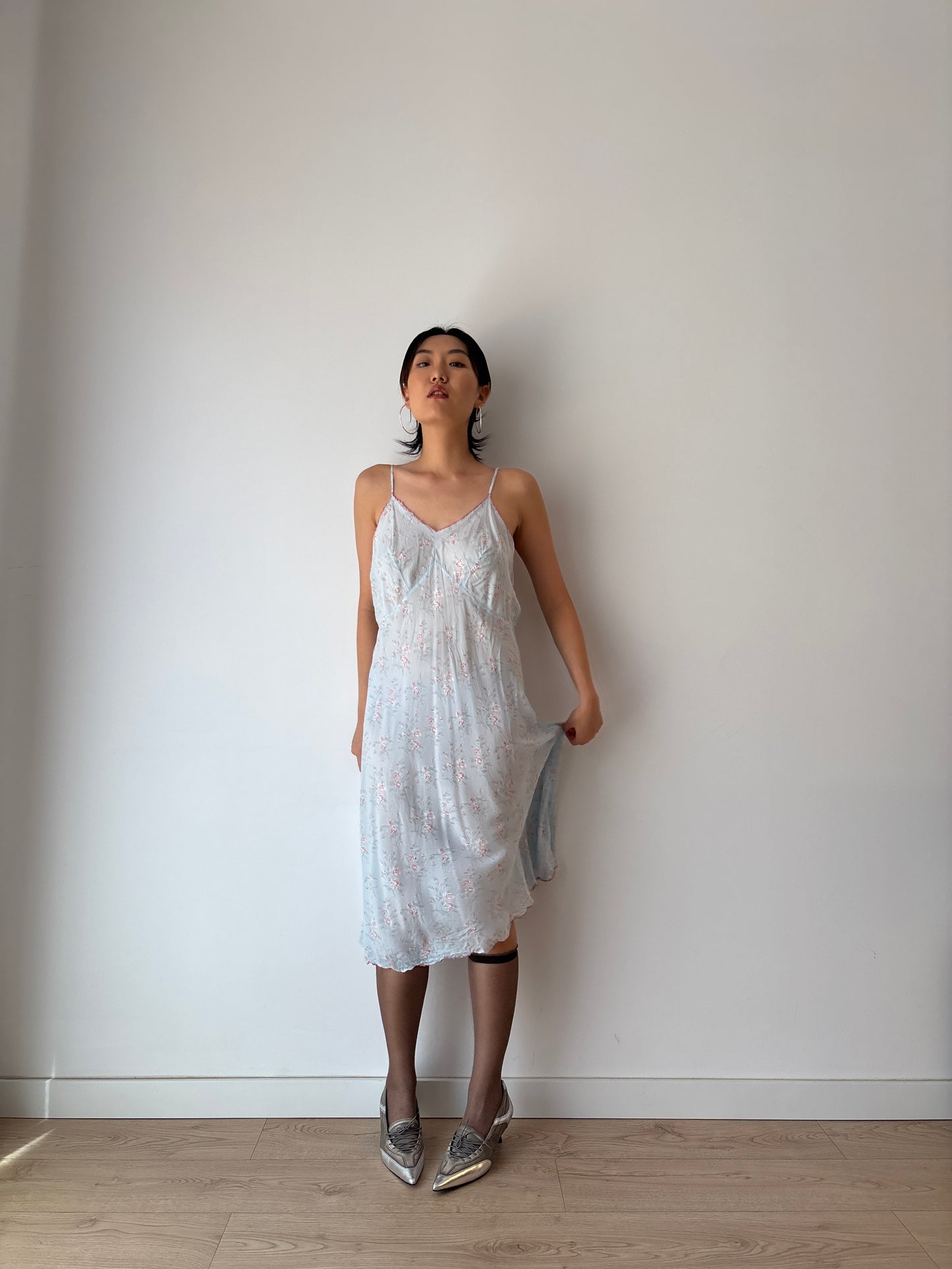 1930s 1940s Antique Blue Floral Lace Pure Silk Slip dress