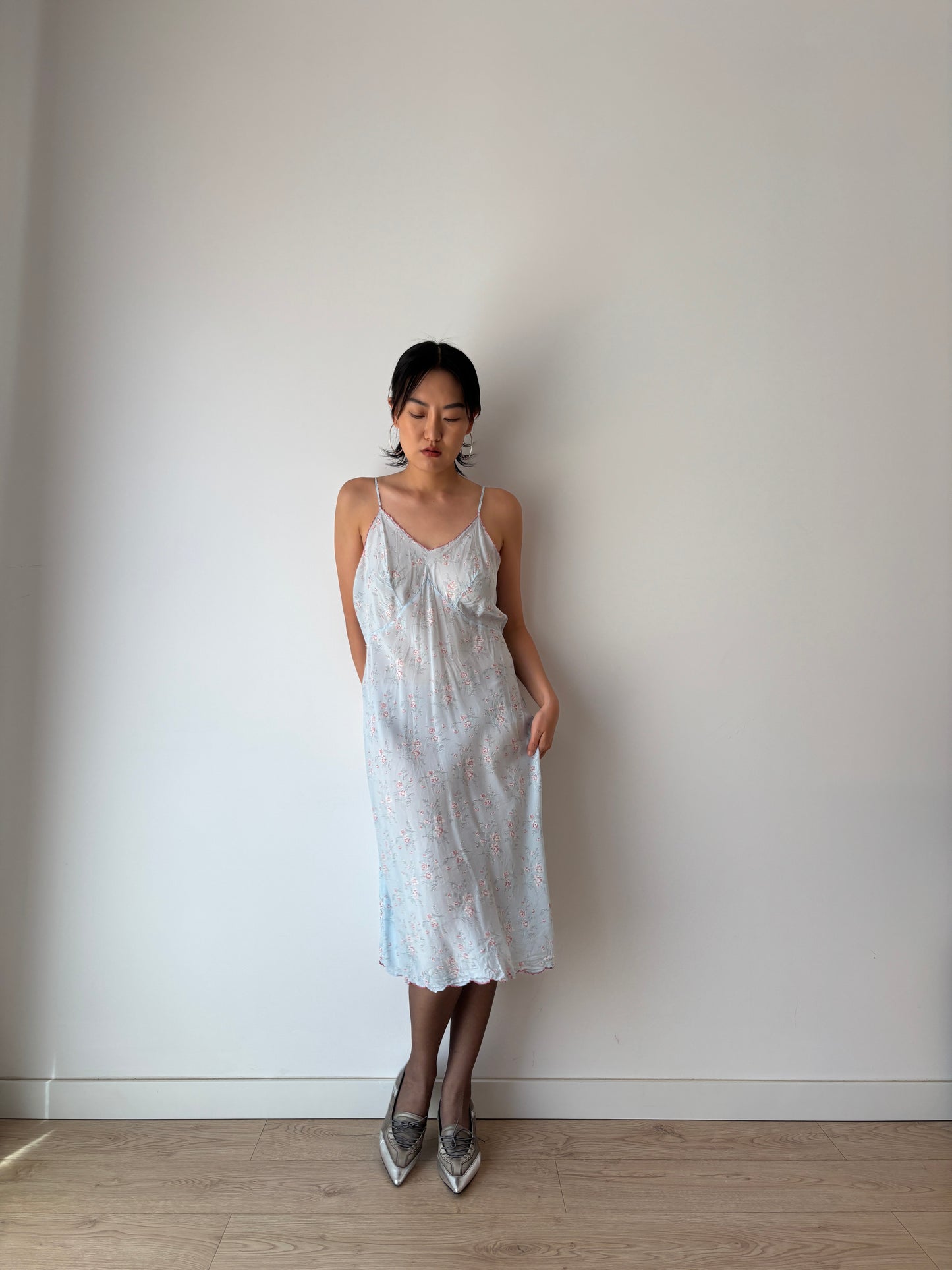 1930s 1940s Antique Blue Floral Lace Pure Silk Slip dress