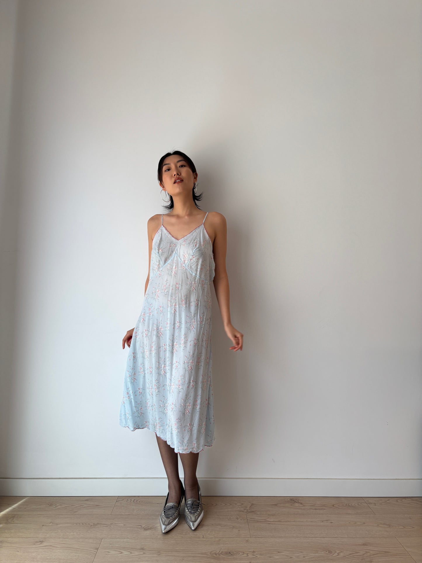 1930s 1940s Antique Blue Floral Lace Pure Silk Slip dress