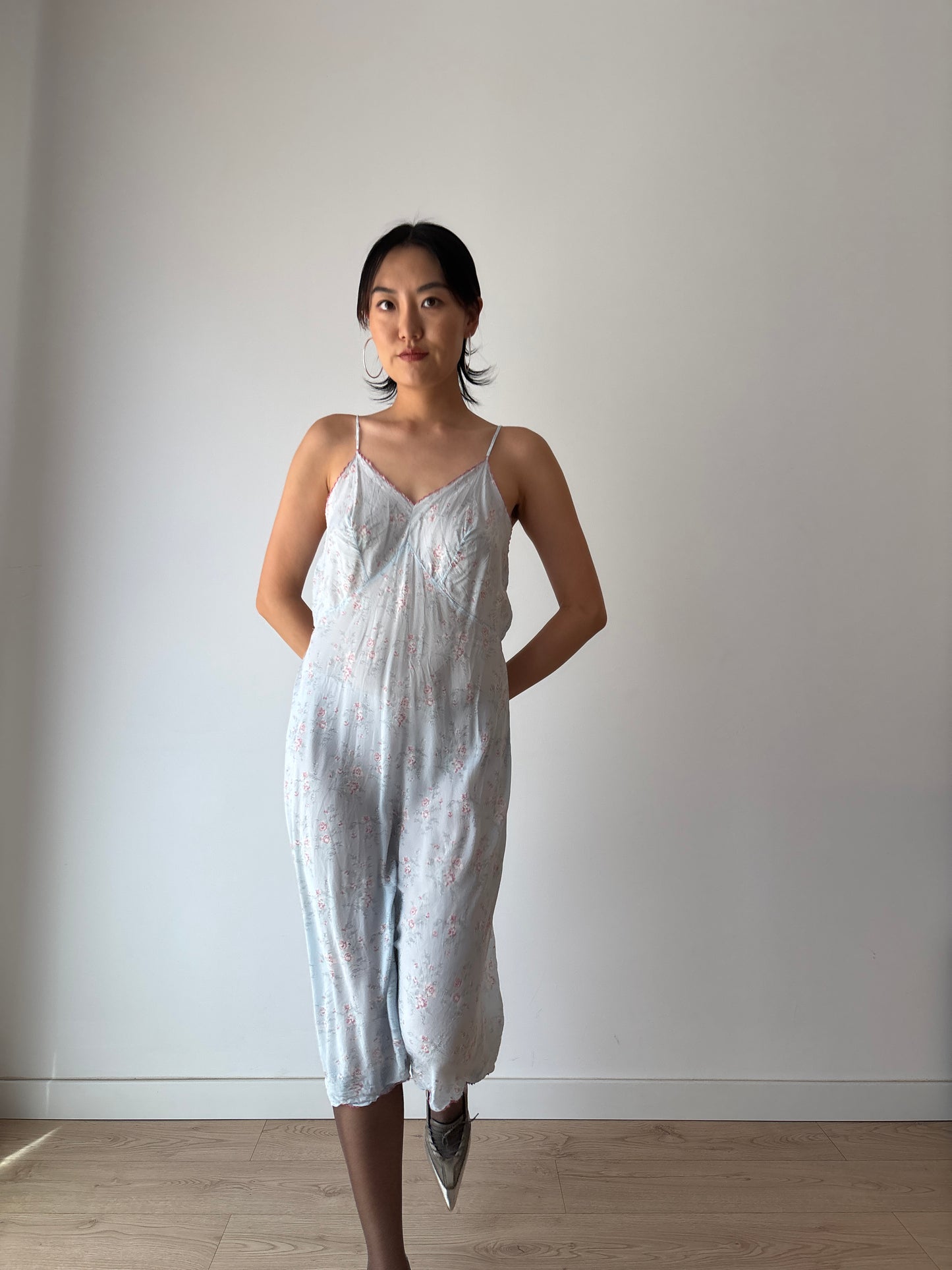 1930s 1940s Antique Blue Floral Lace Pure Silk Slip dress