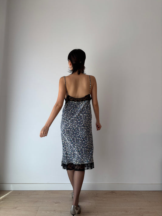 Vintage Y2K 2000s pure silk floral print black lace romantic slip dress