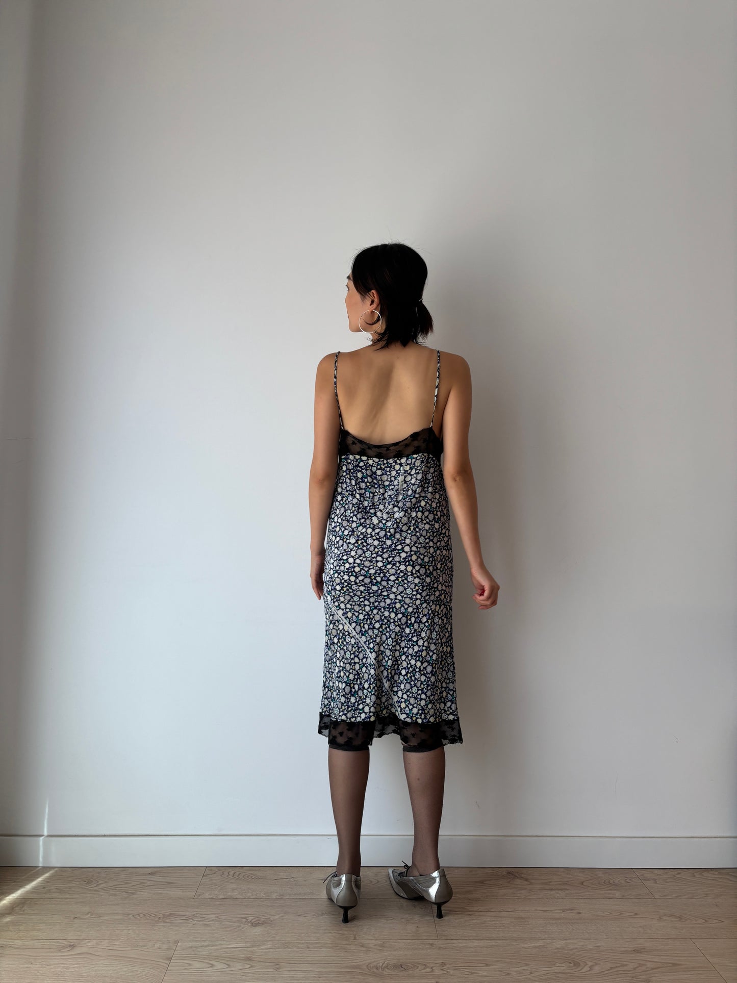 Vintage Y2K 2000s pure silk floral print black lace romantic slip dress