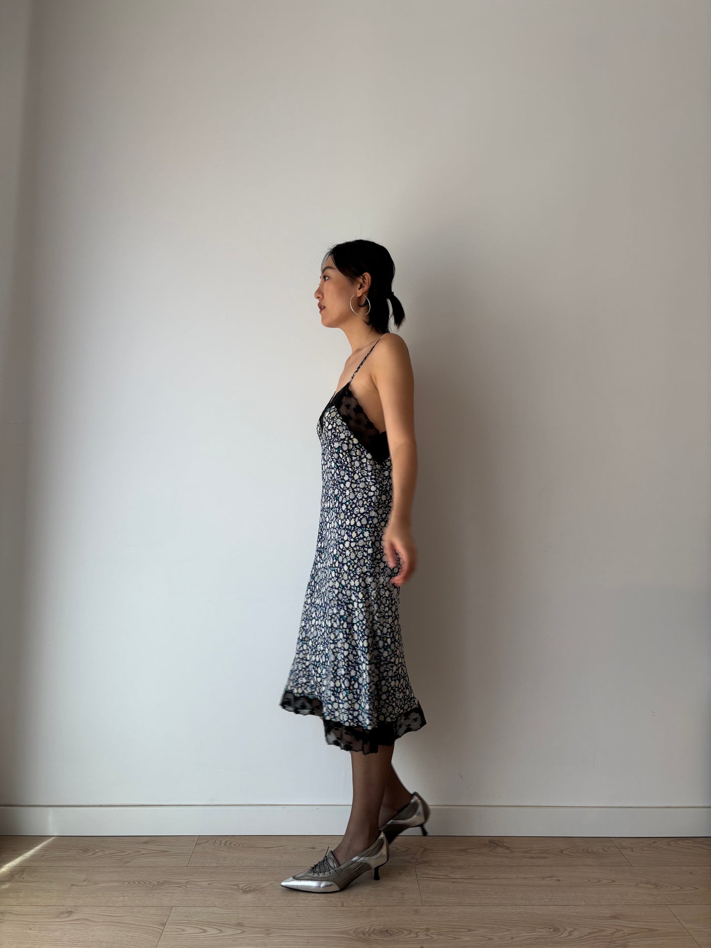 Vintage Y2K 2000s pure silk floral print black lace romantic slip dress