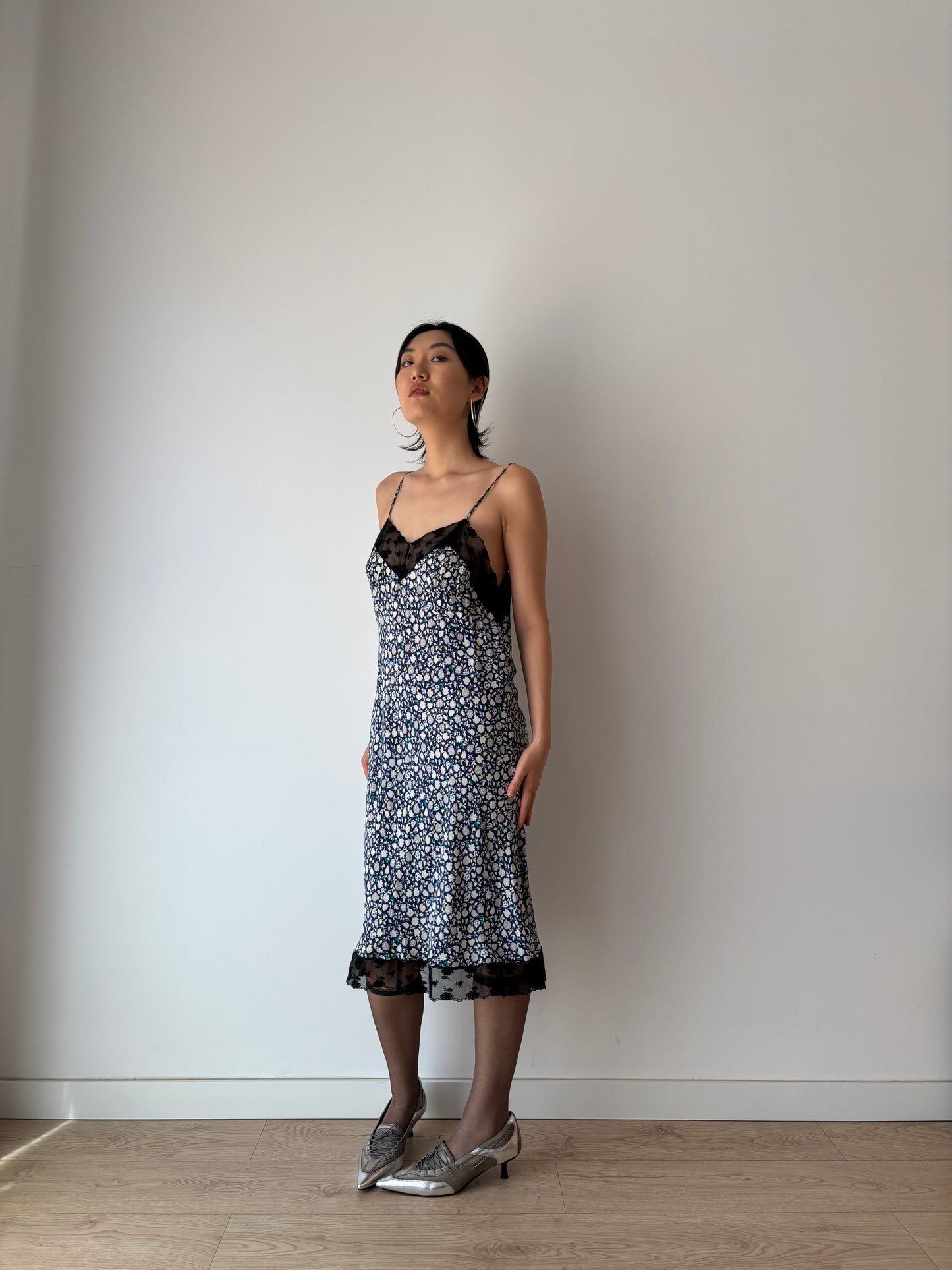 Vintage Y2K 2000s pure silk floral print black lace romantic slip dress