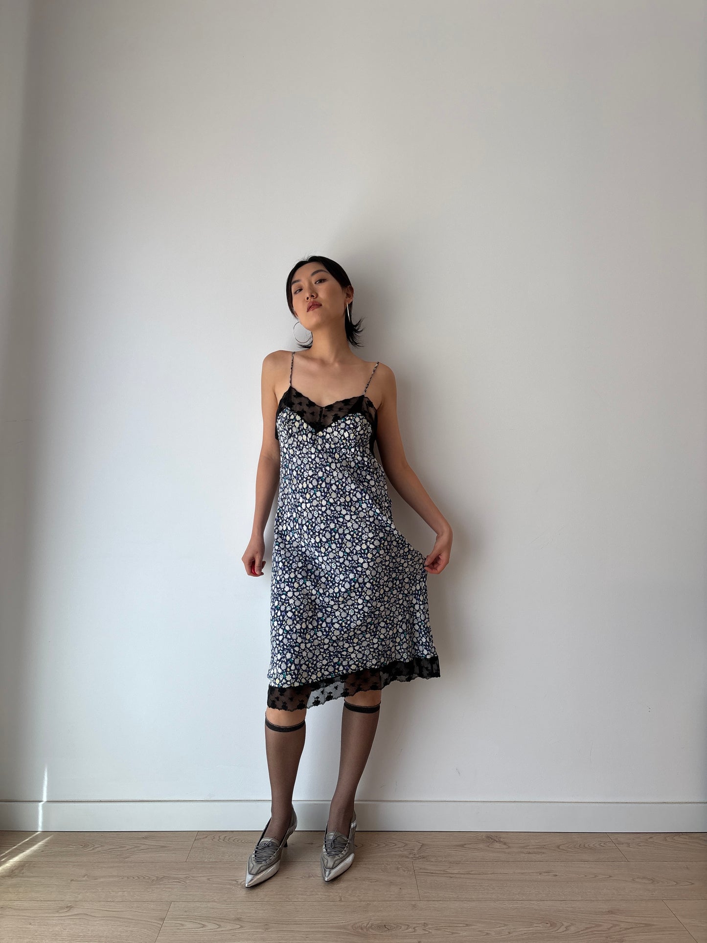 Vintage Y2K 2000s pure silk floral print black lace romantic slip dress