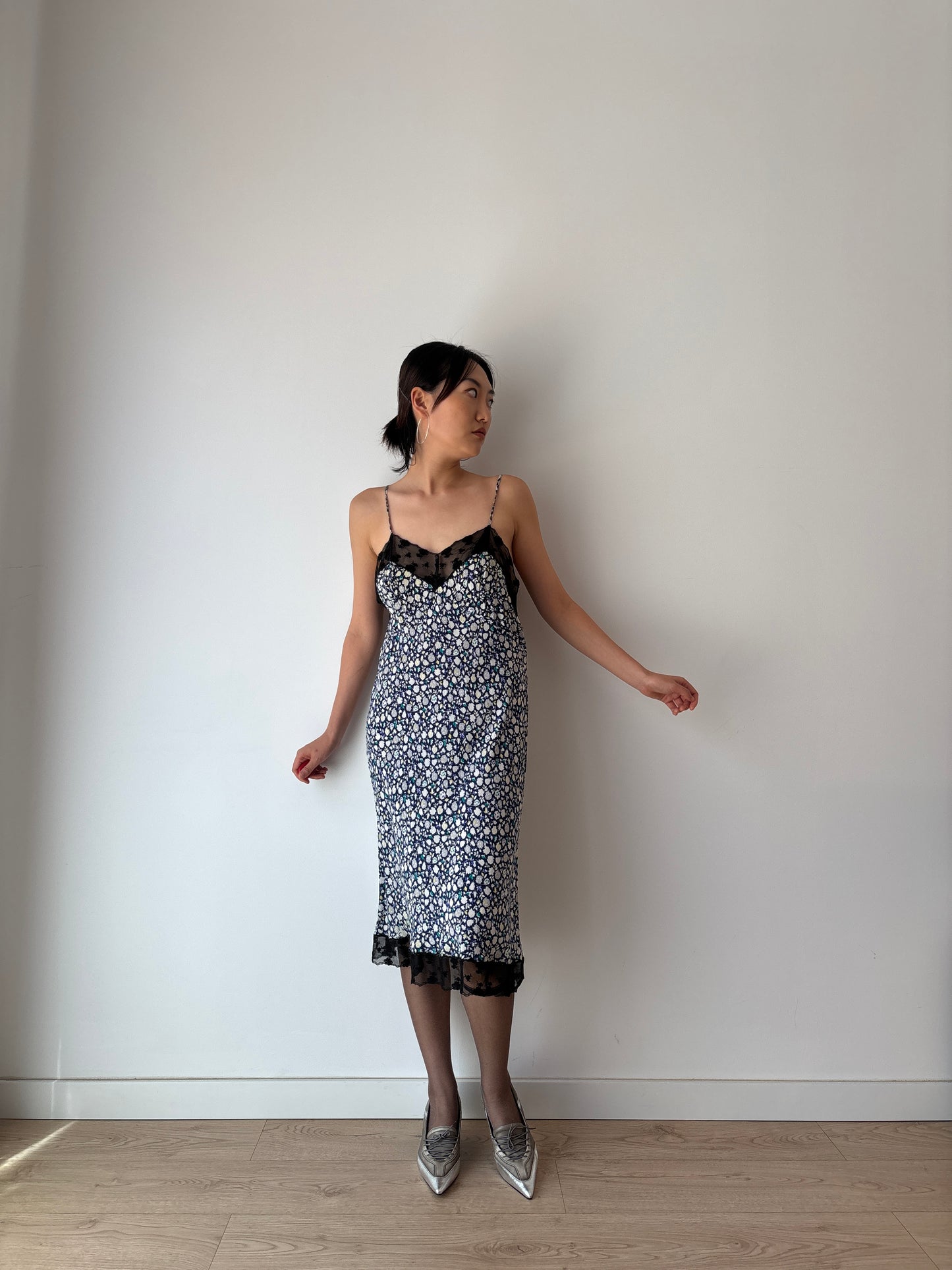 Vintage Y2K 2000s pure silk floral print black lace romantic slip dress