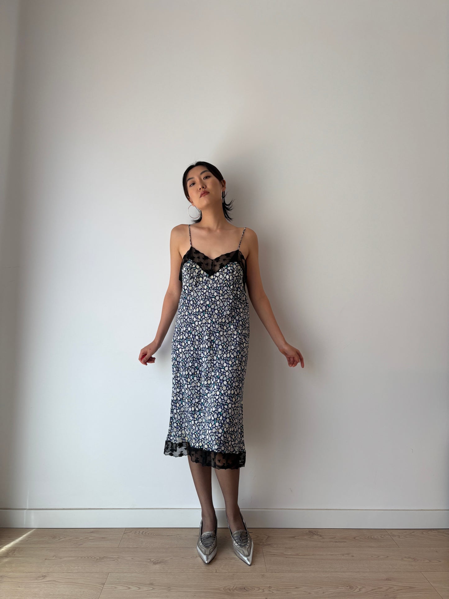 Vintage Y2K 2000s pure silk floral print black lace romantic slip dress