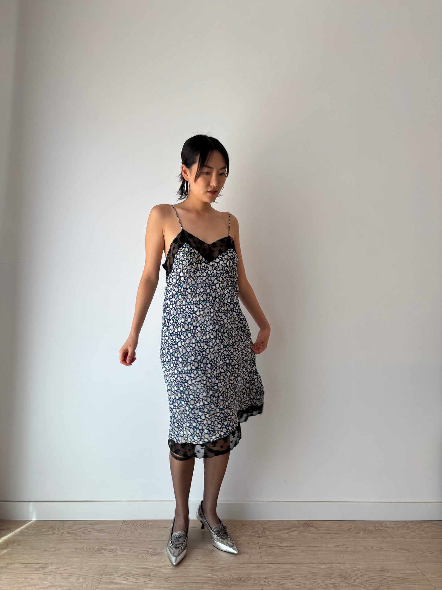 Vintage Y2K 2000s pure silk floral print black lace romantic slip dress