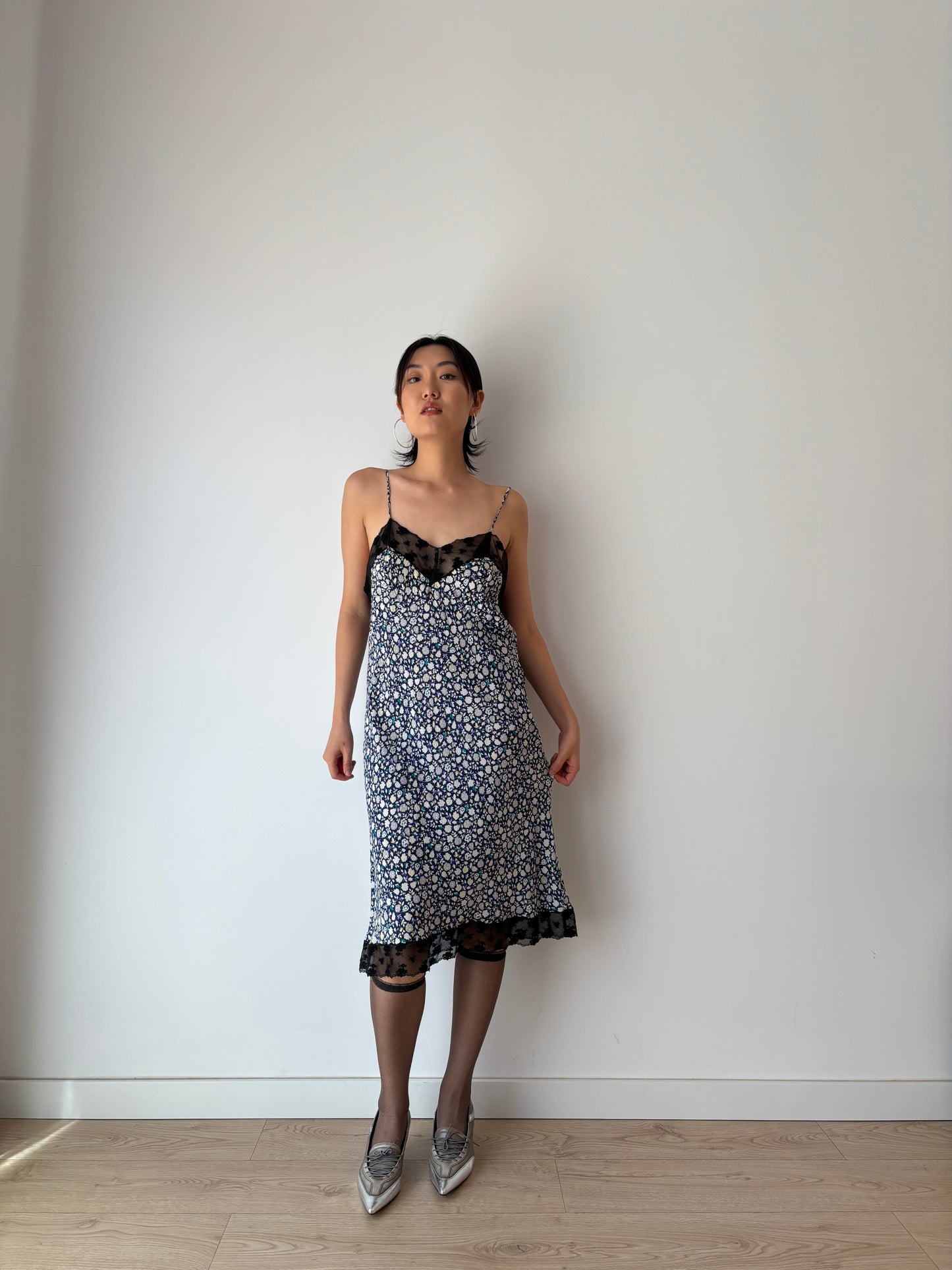 Vintage Y2K 2000s pure silk floral print black lace romantic slip dress