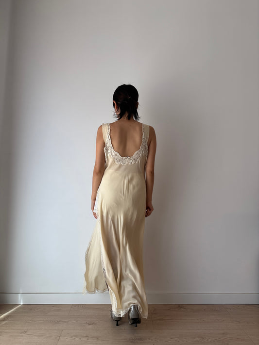 Vintage 90s Y2K romantic side slit cut pure silk beige bridal slip maxi dress