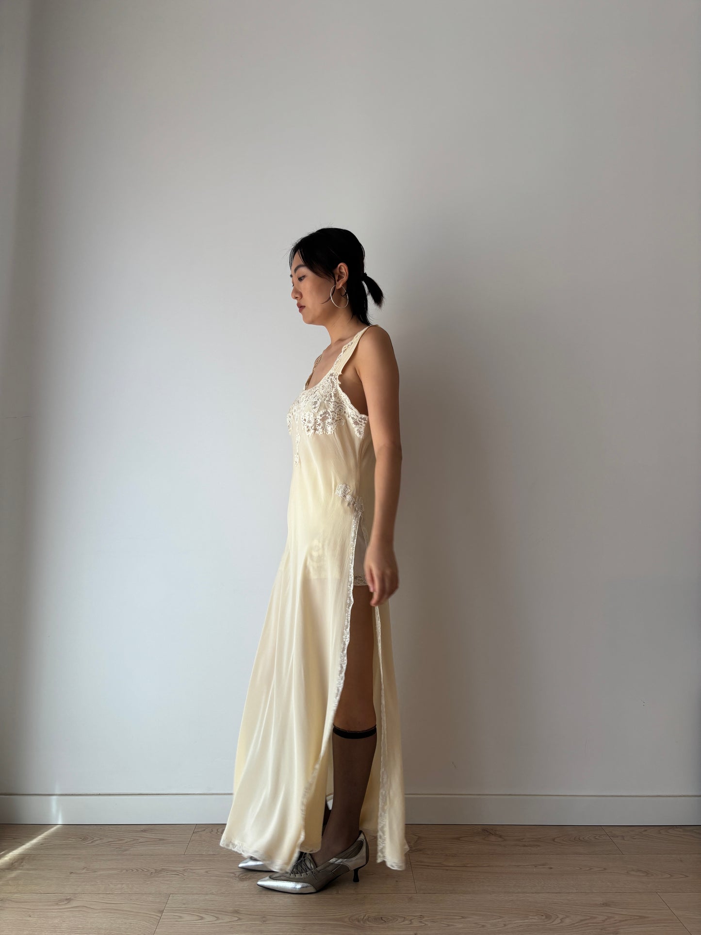 Vintage 90s Y2K romantic side slit cut pure silk beige bridal slip maxi dress