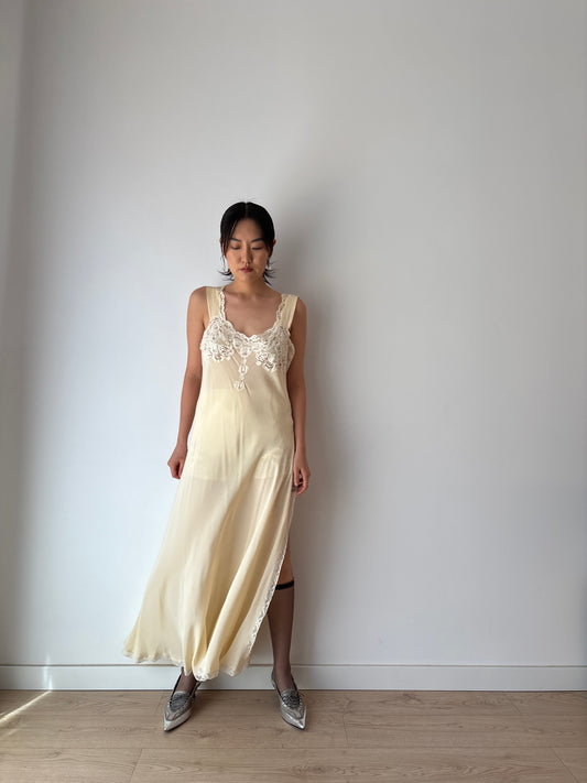 Vintage 90s Y2K romantic side slit cut pure silk beige bridal slip maxi dress