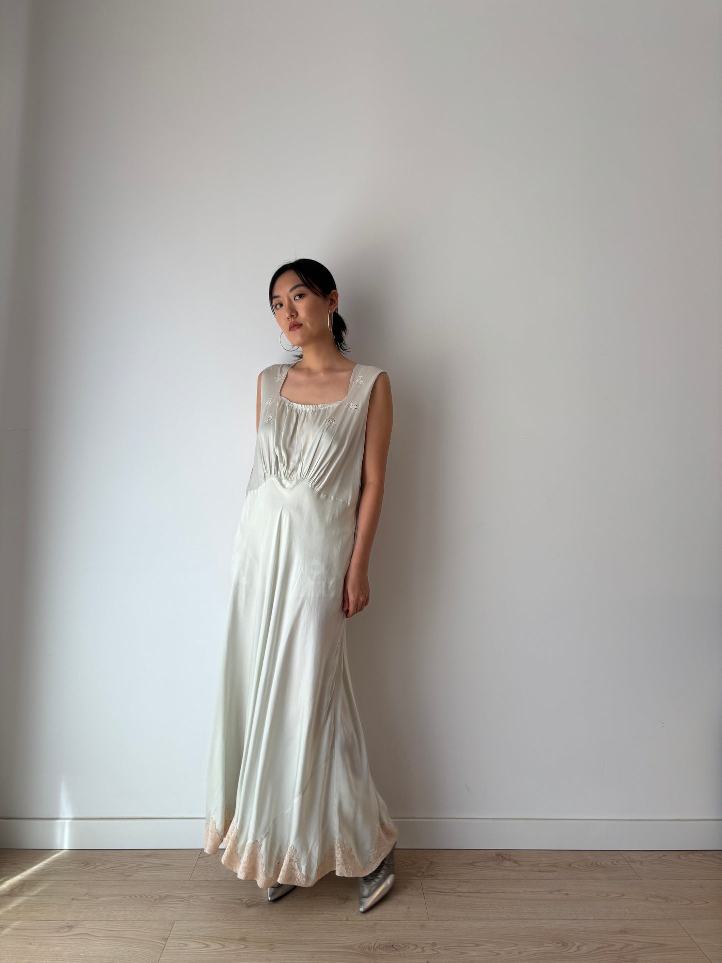 Antique 1930s bias cut liquid blue pure silk bridal nightdress