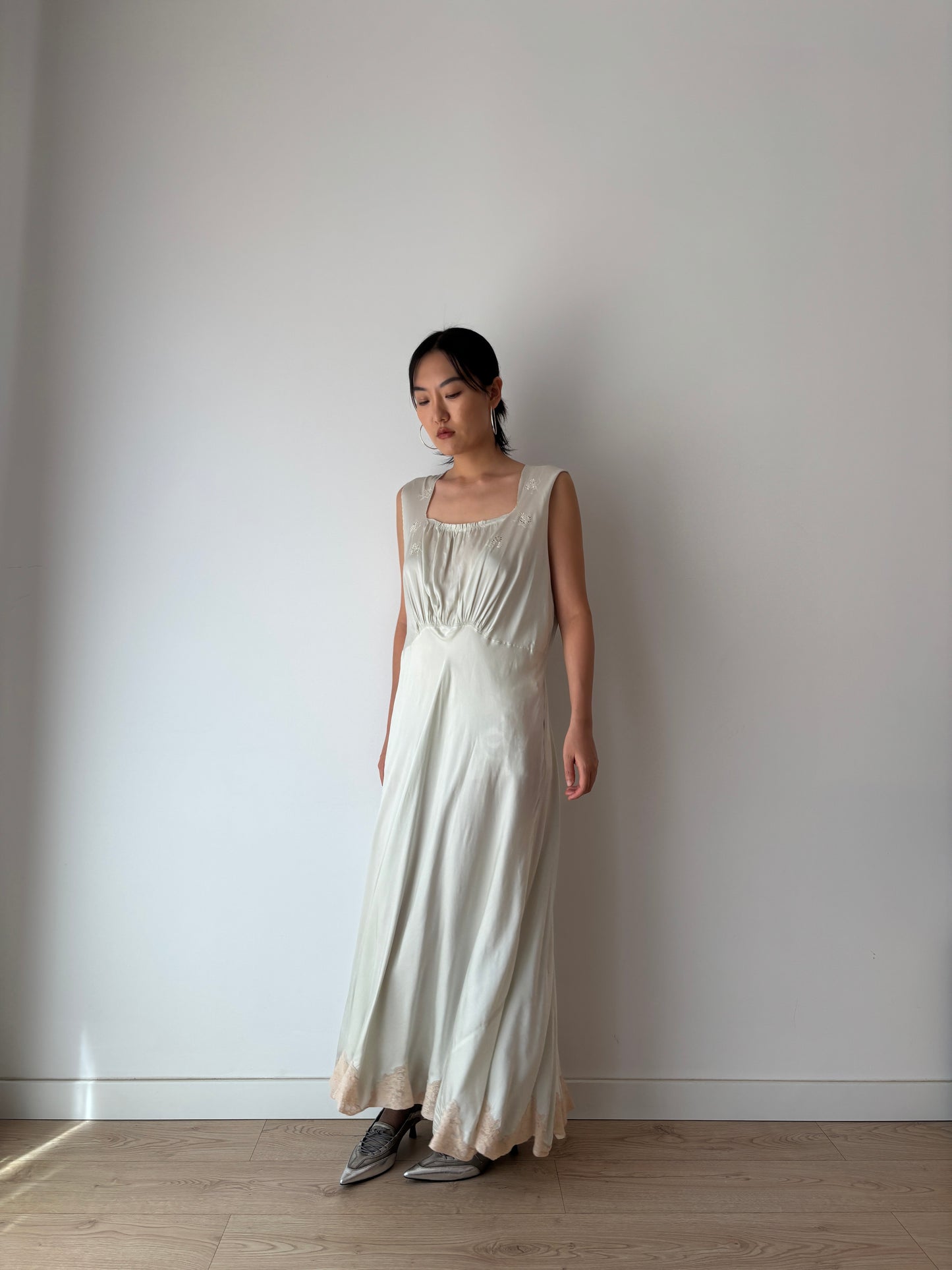 Antique 1930s bias cut liquid blue pure silk bridal nightdress