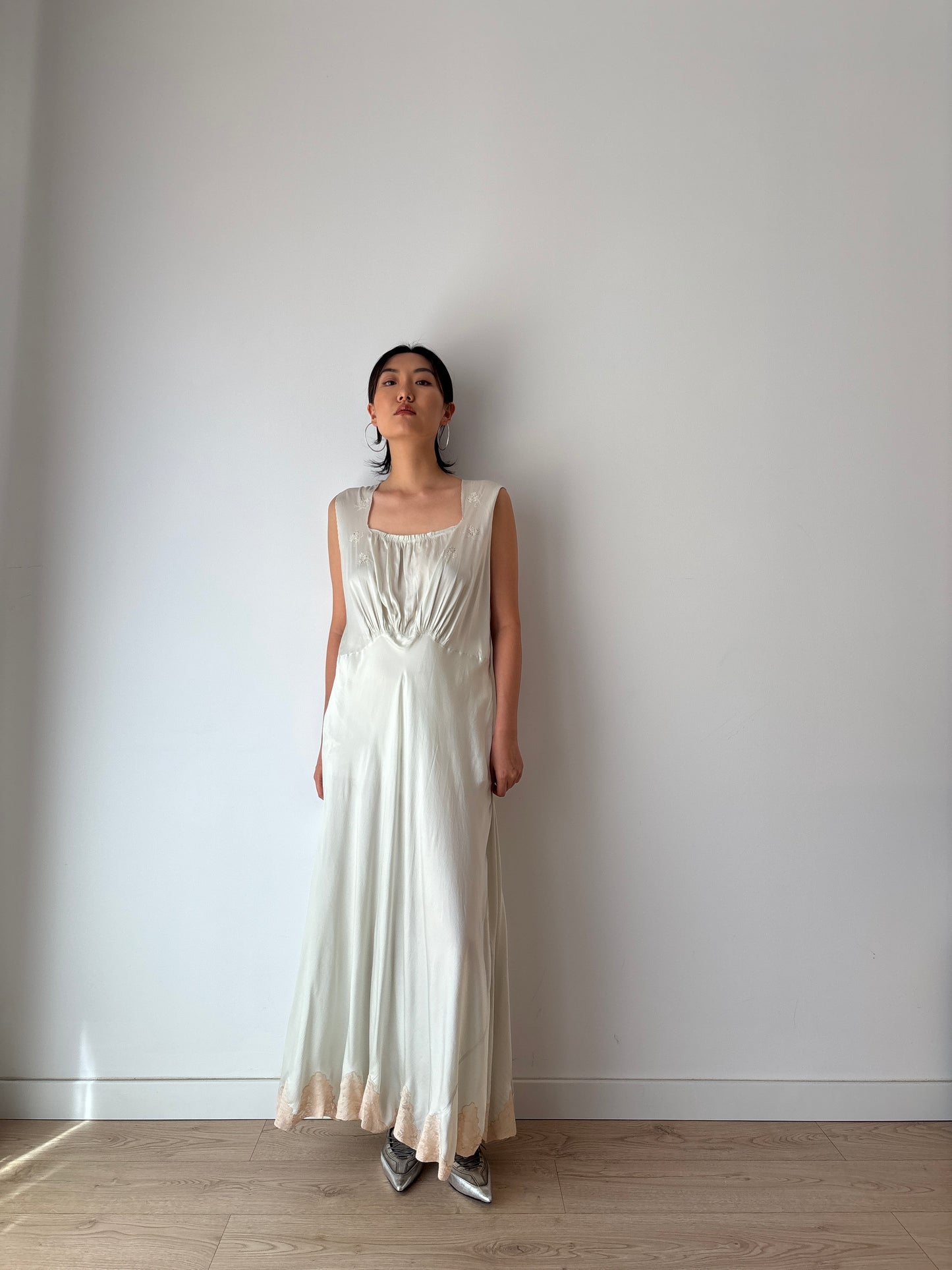 Antique 1930s bias cut liquid blue pure silk bridal nightdress