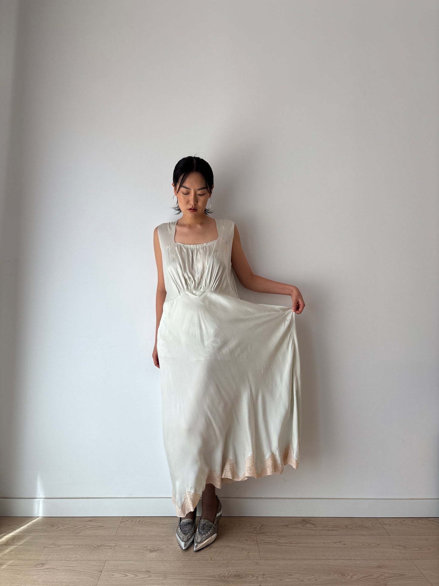 Antique 1930s bias cut liquid blue pure silk bridal nightdress