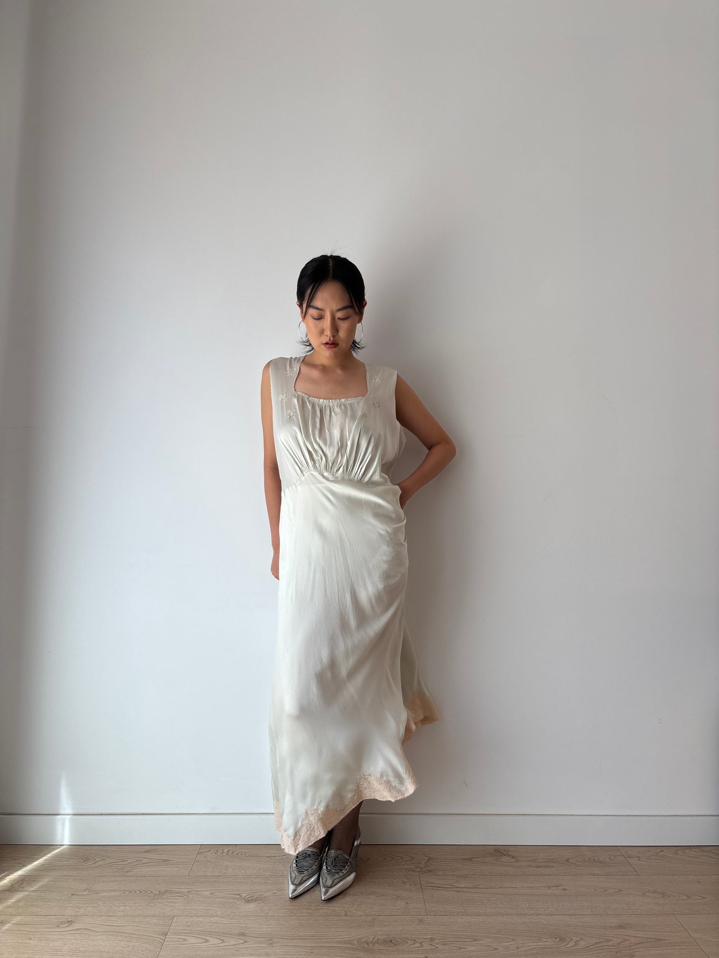 Antique 1930s bias cut liquid blue pure silk bridal nightdress