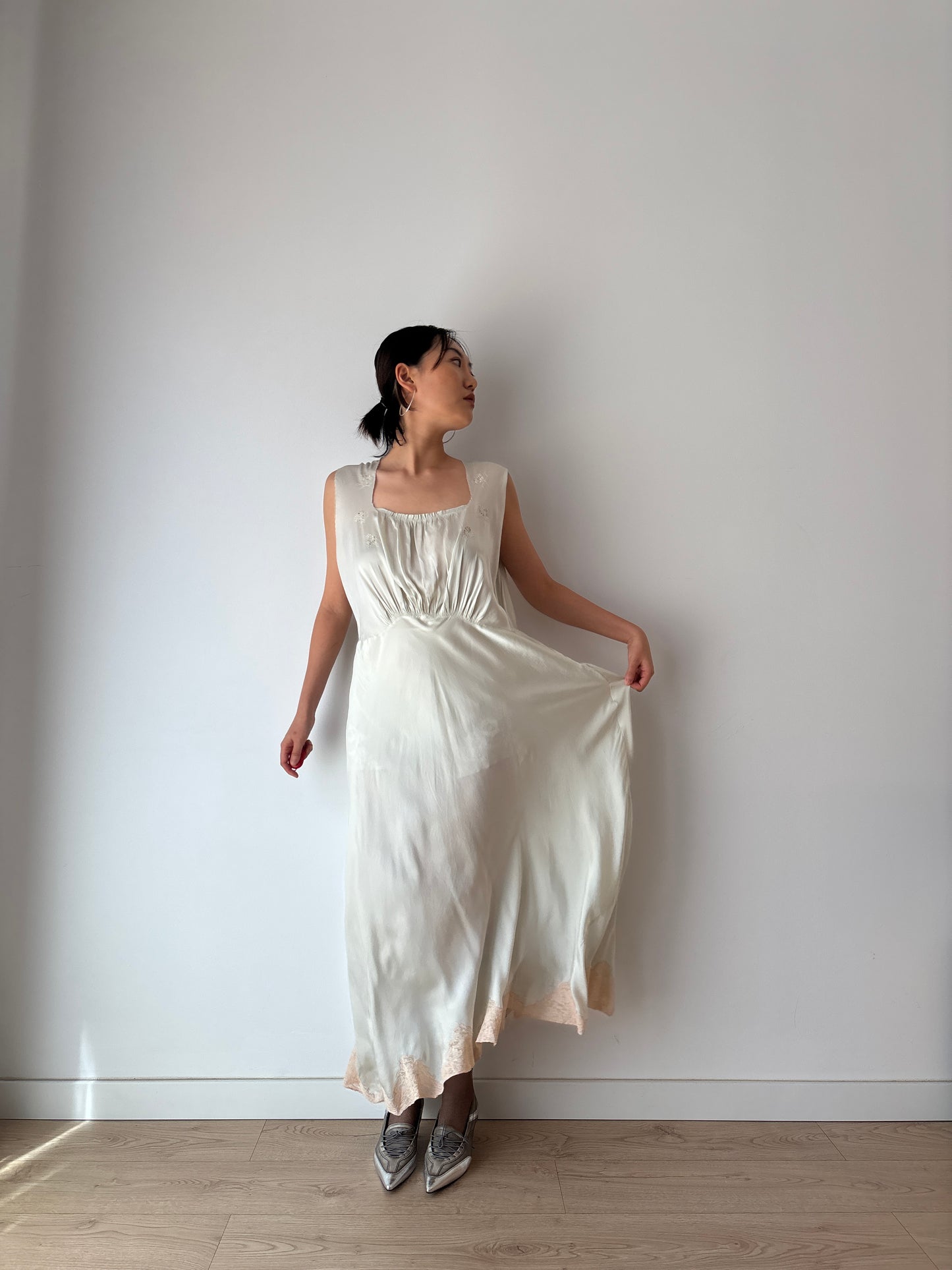 Antique 1930s bias cut liquid blue pure silk bridal nightdress