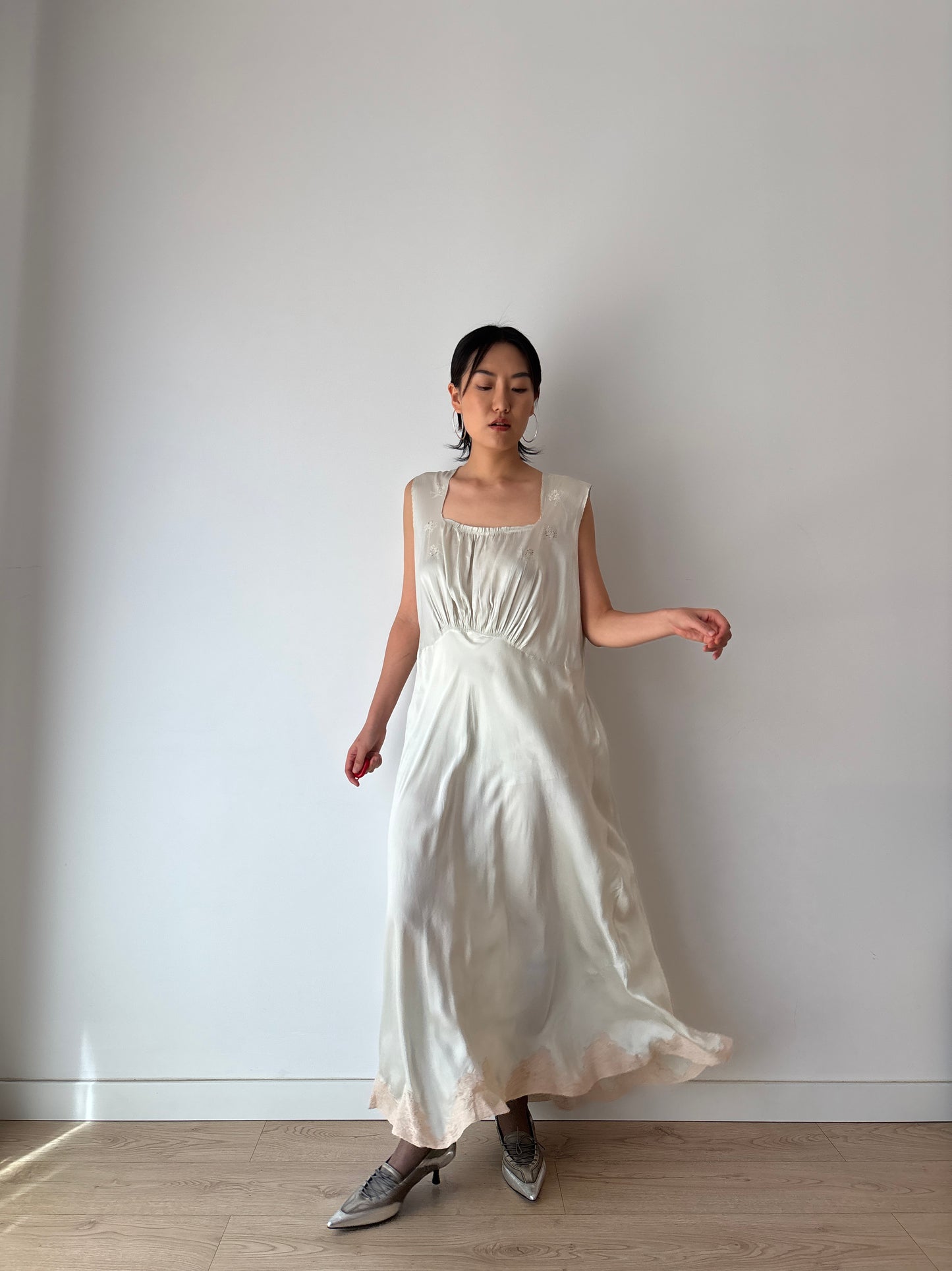 Antique 1930s bias cut liquid blue pure silk bridal nightdress