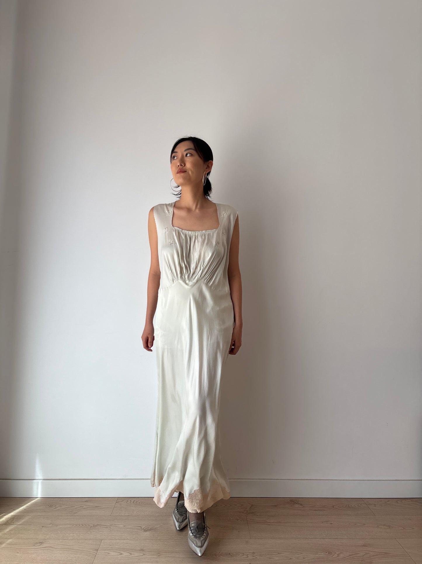 Antique 1930s bias cut liquid blue pure silk bridal nightdress