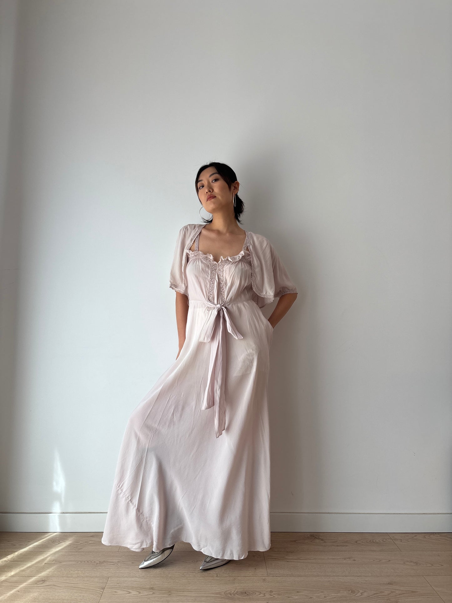 Rare 1930s Lilac Silk Chiffon Nightgown Bias Cut 2 Piece Set / Bed Jacket and Slip Dress Lingerie French Romantic Hollow Lace Peignoir Set