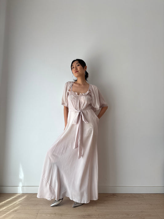 Rare 1930s Lilac Silk Chiffon Nightgown Bias Cut 2 Piece Set / Bed Jacket and Slip Dress Lingerie French Romantic Hollow Lace Peignoir Set