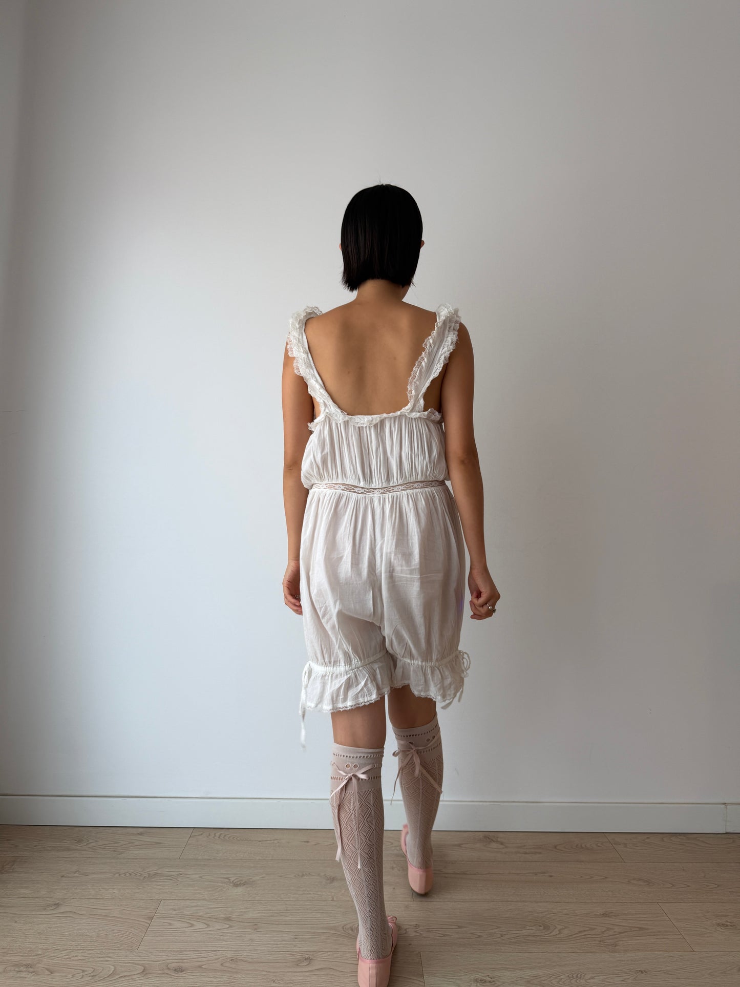 Antique Edwardian Cotton Jumpsuit, Floral Embroidered Lace Romper,