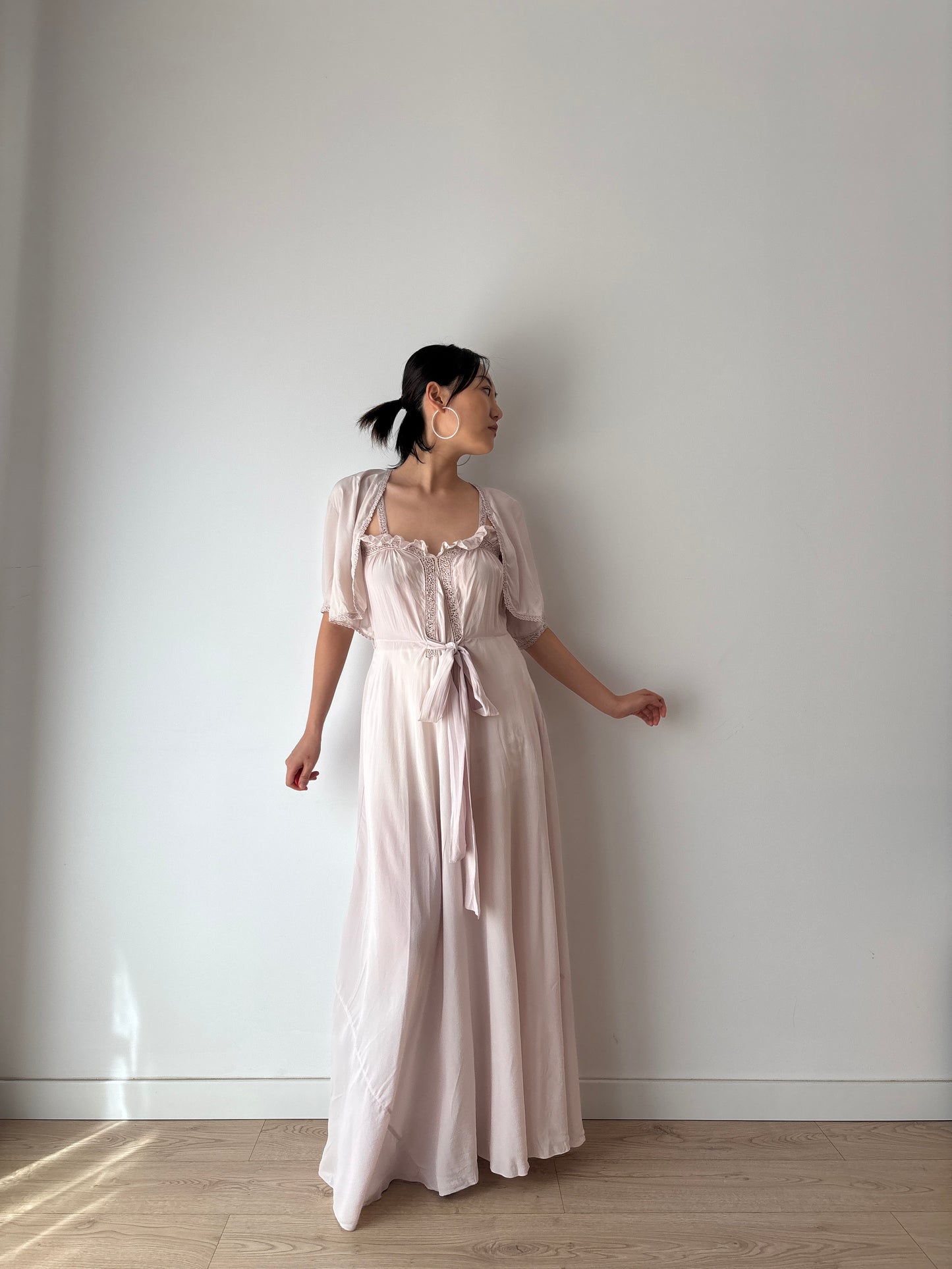 Rare 1930s Lilac Silk Chiffon Nightgown Bias Cut 2 Piece Set / Bed Jacket and Slip Dress Lingerie French Romantic Hollow Lace Peignoir Set