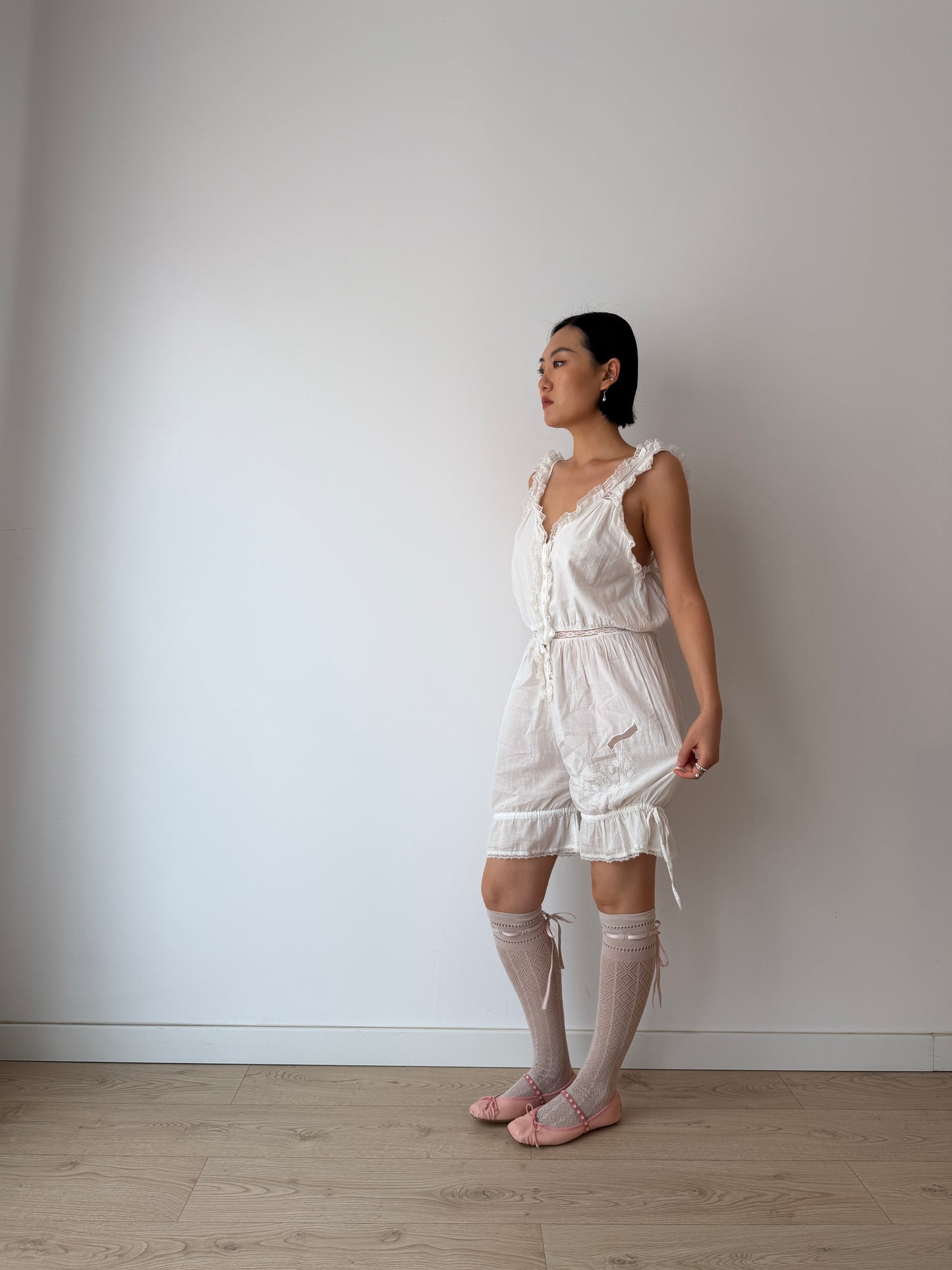 Antique Edwardian Cotton Jumpsuit, Floral Embroidered Lace Romper,