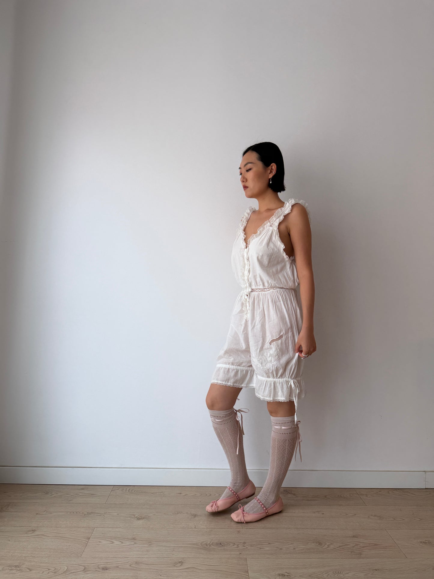 Antique Edwardian Cotton Jumpsuit, Floral Embroidered Lace Romper,