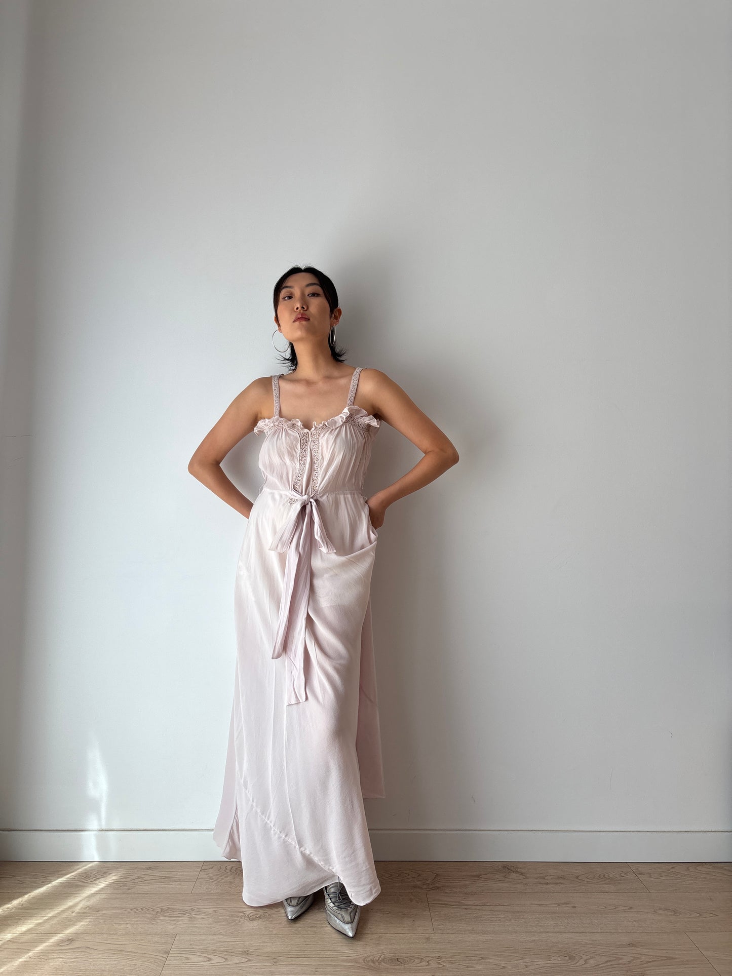 Rare 1930s Lilac Silk Chiffon Nightgown Bias Cut 2 Piece Set / Bed Jacket and Slip Dress Lingerie French Romantic Hollow Lace Peignoir Set