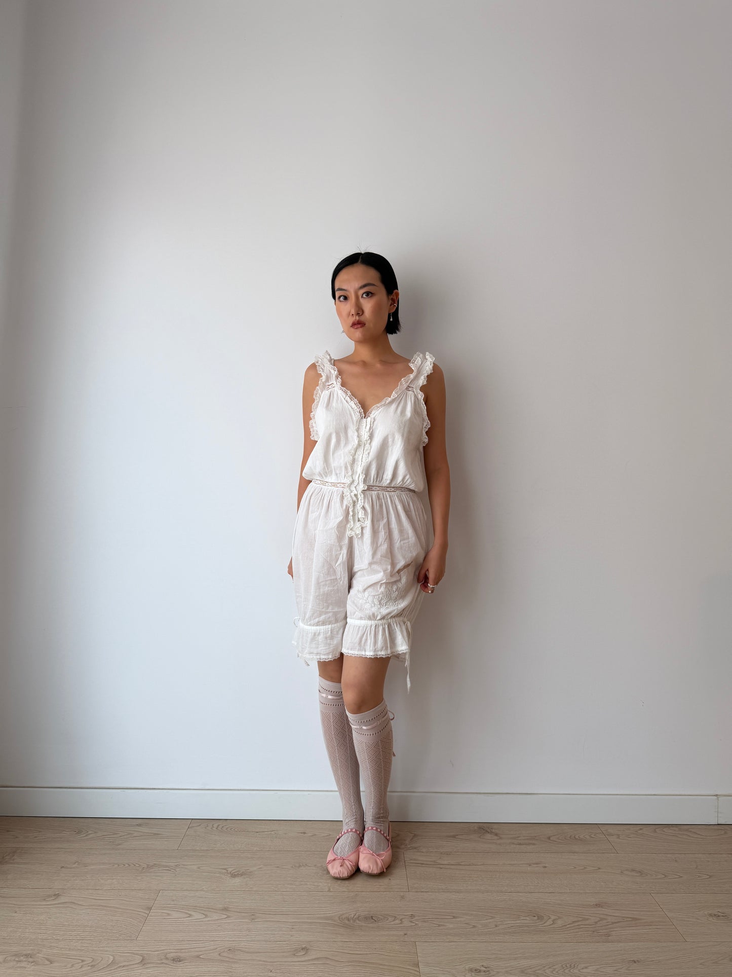 Antique Edwardian Cotton Jumpsuit, Floral Embroidered Lace Romper,