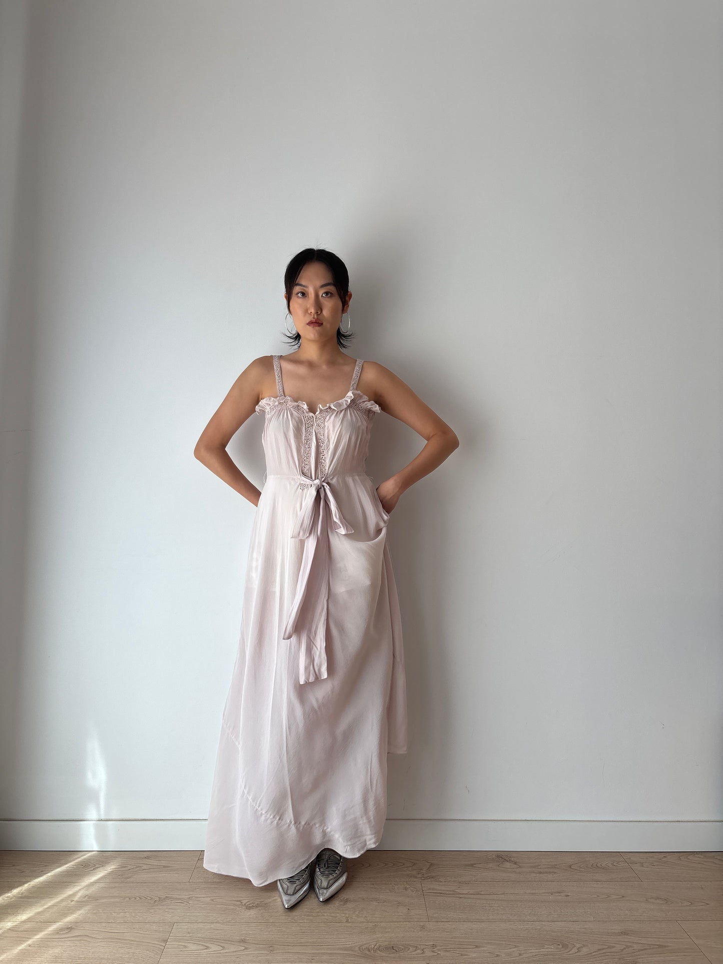 Rare 1930s Lilac Silk Chiffon Nightgown Bias Cut 2 Piece Set / Bed Jacket and Slip Dress Lingerie French Romantic Hollow Lace Peignoir Set