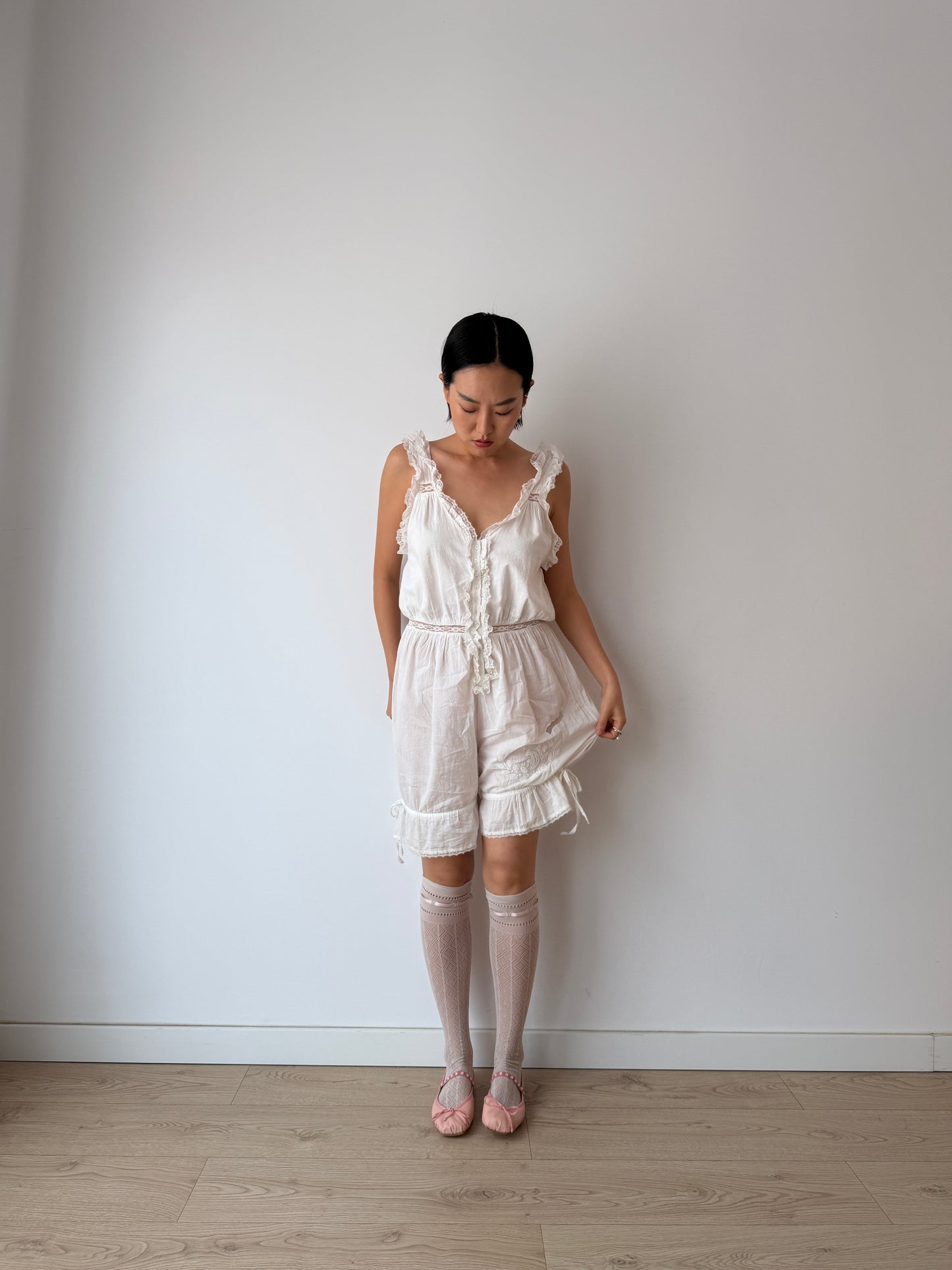Antique Edwardian Cotton Jumpsuit, Floral Embroidered Lace Romper,